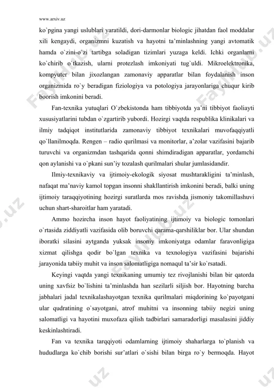 ini bajarishi jarayonida tabiiy muhit va inson salomatligiga nomaqul ta’sir ko`rsatadi. keyingi vaqtda yangi texnikaning umumiy tez rivojlanishi bilan bir qatorda uning xavfsiz bo`lishini ta’minlashda han sezilarli siljish bor. hayotning barcha jabhalari jadal texnikalashayotgan texnika qurilmalari miqdorining ko`payotgani ular qudratining o`sayotgani, atrof muhitni va insonning tabiiy negizi uning salomatligi va hayotini muxofaza qilish tadbirlari samaradorligi masalasini jiddiy keskinlashtiradi. fan va texnika tarqqiyoti odamlarning ijtimoiy shaharlarga to`planish va hududlarga ko`chib borishi sur’atlari o`sishi bilan birga ro`y bermoqda. hayot tarzini ancha serharakat va ko`chmanchi qilayotir. hozirgi zamon fan-texnika inqilobi xususiyatlarini o1rganish ijtimoiy hayotning texnikalashuvi va aqliy mexnatga ehtiyojining oshib borishi ruhiy xissiy aziyatning ko`payishi axborot yukining uzluksiz ortishi inson tabiatda bioijtimoiy maromning buzulishi tabiiy muhitning ko`rinishi va shaklning o`zgarish va boshqalar uning eng tabiiy xarakterli belgilari ekanligini ko`rsatadi. bu belgilar esa aholinign turmush tarsi va salomatligiga bevosita aloqadordir. hozirgi zamon ilmiy texnika inqilobi inson hayot faoliyatining biologik va ruhiy fiziologik tomonlariga yuksak …