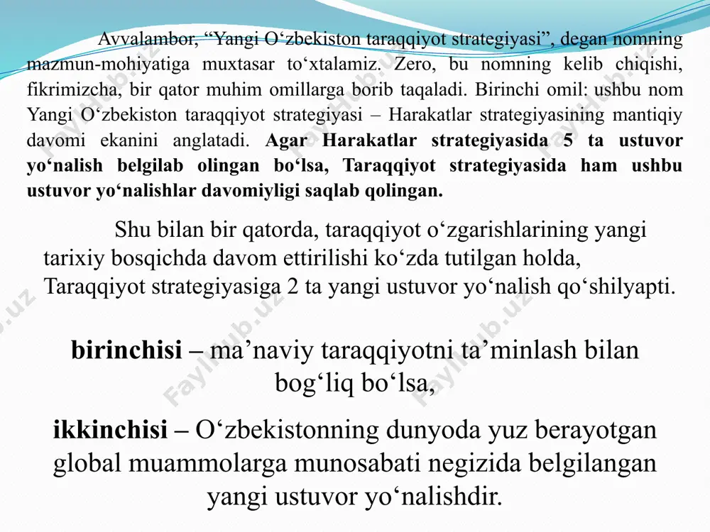 rategiyasi loyihasining 11-maqsadida “xalq bilan muloqotning samarali mexanizmlarini takomillashtirish” muhim vazifa etib belgilanmoqda. 11 yangi o‘zbekistonning 2022–2026 yillarga mo‘ljallangan taraqqiyot strategiyasini 2022 yilda amalga oshirish bo‘yicha “yo‘l xaritasi” loyihasida “davlat xalqqa xizmat ko‘rsatishi shart” g‘oyasini tatbiq etishni nazarda tutuvchi “xalqchil davlat” milliy dasturini ishlab chiqish vazifasi zimmamizga yuklangani bejiz emas. albatta, ushbu dastur loyihasi, ilg‘or xorijiy davlatlarning tajribasini inobatga olgan holda, belgilangan muddatda ishlab chiqiladi va taqdim etiladi. “yo‘l xaritasi” loyihasida yana bir muhim vazifa – xalq qabulxonalarining huquqiy maqomini takomillashtirish masalasi uchun mas’ul etib belgilanganmiz. xalq qabulxonalari faoliyatining huquqiy asoslarini takomillashtirish va ularning davlat boshqaruvi tizimidagi maqomini mustahkamlashga qaratilgan konstitutsiyaviy qonunni qabul qilish bo‘yicha ishlarni allaqachon boshlab yubordik. 12 yangi o‘zbekiston taraqqiyot strategiyasi loyihasining 11-maqsadida “xalq bilan muloqotning samarali mexanizmlarini takomillashtirish” muhim vazifa etib belgilanmoqda. yangi o‘zbekiston taraqqiyot strategiyasi loyihasining 12-maqsadi “ta’sirchan jamoatchilik nazoratini amalga oshirishning tashkiliy-huquqiy asoslarini takomillashtirish” deb nomlangani bejiz emas. zero, bu o‘rinda ommaviy axborot vositalarining …