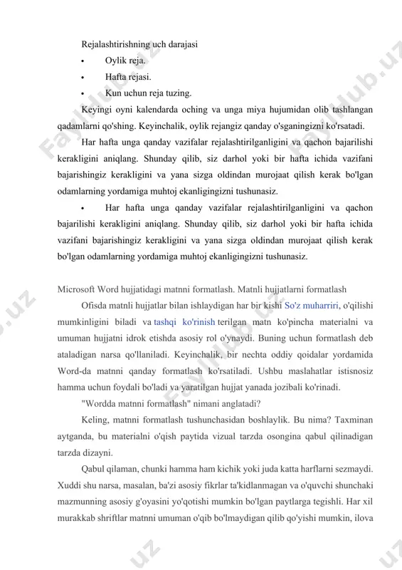 ytlarga tegishli. har xil murakkab shriftlar matnni umuman o'qib bo'lmaydigan qilib qo'yishi mumkin, ilova haqida gapirmasa ham bo'ladi rangli dizayn yoki to'ldiradi (agar bu mutlaqo kerak bo'lmasa) va paragraflarning yo'qligi, matn "g'ijimlangan" bo'lib chiqqanda. word da matnni qanday qilib to'g'ri formatlash va birinchi navbatda nimaga e'tibor berish kerak? xo'sh, muharrirning o'zida qanday dizayn vositalari mavjud? word-da matnni qanday formatlash haqida gapiradigan bo'lsak, ishlov berishning asosiy tamoyillari qatoriga quyidagilar kiradi: · shrift dizayni (turi, hajmi, registrlari, harflar va belgilar orasidagi intervallar, rang, to'ldirish va boshqalar); · sahifadagi matnni tekislash; · paragraflar va chegaralarni belgilash; · hujjat sahifasi parametrlarini belgilash; · yaratish bilan matnni qayta ishlash qo'shimcha elementlar dizayn (sarlavhalar, ustunlar, altbilgilar, ro'yxatlar). shriftlar bilan ishlash keling, eng oddiyidan boshlaylik - shrift parametrlarini o'rnatish. ushbu asboblar to'plamidan foydalanib wordda matnni qanday formatlash mumkin? juda onson. buning uchun muharrirda (agar siz asosiy panelning asosiy menyulari bo'limlarini hisobga olmasangiz), barchasi zarur vositalar asboblar panelida …