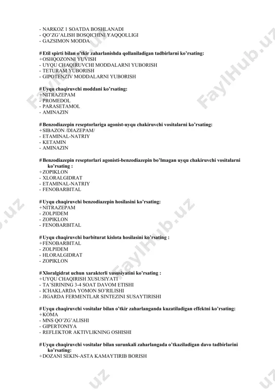 # uyqu chaqiruvchi barbiturat kislota hosilasini ko’rsating : + fenobarbital - zolpidem - hloralgidrat - zopiklon # xloralgidrat uchun xarakterli xususiyatini ko’rsating : + uyqu chaqirish xususiyati - ta’sirining 3-4 soat davom etishi - ichaklarda yomon so’rilishi - jigarda fermentlar sintezini susaytirishi # uyqu chaqiruvchi vositalar bilan o’tkir zaharlanganda kuzatiladigan effektni ko’rsating: + koma - mns qo’zg’alishi - gipertoniya - reflektor aktivlikning oshishi # uyqu chaqiruvchi vositalar bilan surunkali zaharlangada o’tkaziladigan davo tadbirlarini ko’rsating: + dozani sekin-asta kamaytirib borish - darxol dori qabul kilishni to’htatish - antipsihotik vositalarni buyurish - ximioterapiya # agonist guruhiga kiruvchi opioid narkotik analgetikni ko’rsating: + morfin - pentazosin - nalokson - naltreksol # agonistov-antagonist guruhiga kiruvchi opioid narkotik analgetikni ko’rsating: + pentazosin - nalokson - naltrekson - morfin # morfinga xos xususiyatlarni ko’rsating: + kuchli ifodalangan ogriq qoldiruvchi tasir - qon tomir harakatlantiruvchi markazini stimullaydi - nafas markazini stimullaydi - parasimpatik nerv markazi faoliyatini susaytiradi …