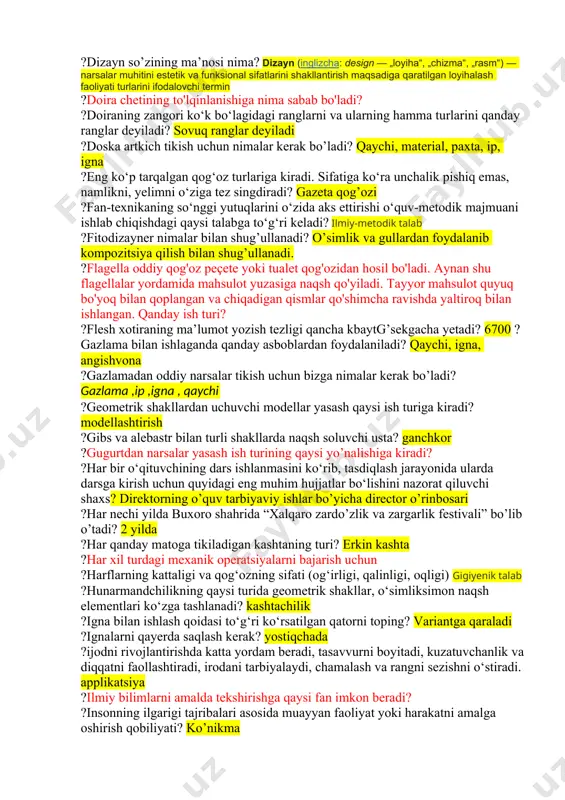 yupqa, egiluvchan, sathiga turli rangda jilo berilgan, ishlov berish oson va ko‘rinishi chiroyli. hajmi kichik narsalar, papkalar, muqovalar tayyorlash uchun qulay bo‘lgan karton turidir? rangli karton ?bunda faqat o‘qituvchi gapiradi, o‘quvchilar esa uning nutqini idrok etib, anglab oladilar. og‘zaki bayon qilish usulining qaysi ko‘rinishiga kiradi? monologik bayon qilish ?buyum, narsa, namunalar asosida zaruriy vazifalarni amalda bajara olish bu? amaliy vazifa ?buyumlar yasash texnologiyasi nechta bosqichda amalga oshiriladi? 5 ta ?buyumlarga yuqori iste’mol va estetik xossalarni ta’minlaydigan mutaxassis kim deb ataladi? dizayner ?cd kompakt disklardan ma’lumotlarni o’qish uchun mo’ljallanagan qurilma bu-? cd rom ?chizma bu-? ?chok turlari, yumshoq o‘yinchoqlar tikish,to‘qish haqida umumiy ma’lumot, to‘qishda ishlatiladigan asbob-uskunalar, ulardan foydalanish va xavfsizlik qoidalari qaysi ish turiga misol bo‘la oladi? gazlama va tolalai materiallar bilan ishlash ?daraxt barglarini quritish yo’llari? dazmollab, presslab va gerbariy qutilarida quritish ?dars maqsadining qaysi turi dars jarayonida o‘quvchilarda axloqiy sifatlar shakllantirilishi asosida belgilanadi? tarbiyaviy maqsad ?dars maqsadining qaysi turi …