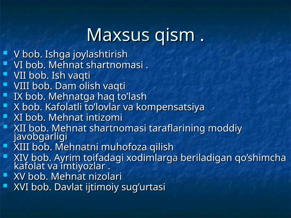 nasida birining bevosita ikkinchisiga bo’y so’nib , xizmat qilishi mumkin emasligi belgilab qo’yilgan . uning qaynotasi bevosita rahbari bo’lgani uchun u ishdan bo’shashga majburdir. savol : ilhom ii guruh nogironi bo’lgani uchun unga har yili 24 kundan iborat mehnat ta’tili berishyapti . shu qonuniymi ? javob : o’zbekiston respublikasi mehnat kodeksining 135-moddasiga binoan ,unga 30 kalendar kun hisobida mehnat ta’tili berilishi lozim . yozda ham qishda ham ta’til sardor mehnat ta’tilini bir qismini yozda , ikkinchi ta’tilini qishda olmoqchi edi . rahbariyat rozi bo’lmadi qonunda qanday ? javob : o’zbekiston respublikasi mehnat kodeksining 146- moddasiga binoan xodimning xohishiga ko’ra uning yozma arizasi asosida ta’tilni qismlarga bo’lishga yo’l qo’yiladi . bunda ta’tilning 1 qismining 12 ish kunidan kam bo’lmasligi lozim . guvohlarga maosh beriladimi ? mirjalol bir jinoyat ishida guvoh bo’lib 2 oydan ortiq tergov va sudda qatnashdi .chaqiruv qog’ozlari ham bor . ammo shu vaqt uchun ish joyi uning ish …