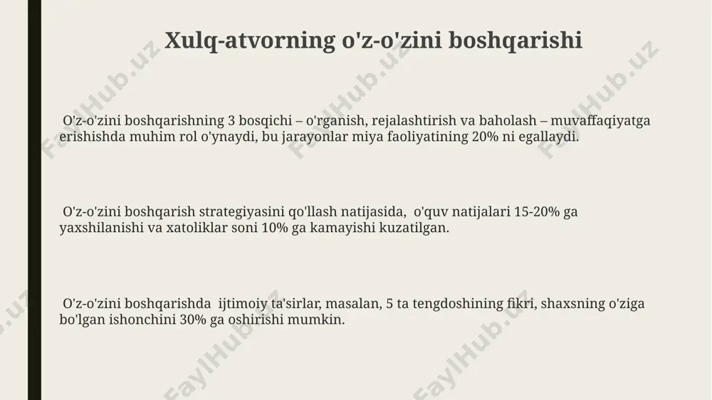 da bandura 4 bosqichli jarayonni – diqqat, ushlab turish, takrorlash va motivatsiyani ta'kidlaydi, bu o'rganishning samaradorligiga ta'sir qiladi. ijtimoiy-kognitiv nazariyaning asoslari bandura ijtimoiy-kognitiv nazariyasida kuzatish, model qilish va takrorlash orqali o'rganishning muhim rolini ta'kidlaydi. masalan, bolalar kattalarning xatti-harakatlarini kuzatib, o'zlashtirishlari mumkin – bu 70% dan ortiq bilimlarni egallab olish jarayoniga ta'sir qiladi. ijtimoiy-kognitiv nazariya banduraning o'z-o'zini samarali qilish nazariyasi (self-efficacy)ga asoslanadi, bu yerda shaxsning o'z qobiliyatiga bo'lgan ishonchi 4 ta asosiy manba: o'z tajribasi, o'rnak olish, ijtimoiy ishontirish va hissiy holatlar orqali shakllanadi. ijtimoiy-kognitiv nazariya, o'rganish jarayonida kognitiv omillar (fikrlash, xotira, e'tibor)ning ahamiyatini, shuningdek, muhit va shaxs o'rtasidagi o'zaro ta'sirning rolini 3-bosqichli model orqali (shaxs, xatti-harakat, muhit) ta'kidlaydi. ijtimoiy-kognitiv nazariyaning amaliy qo'llanilishi ta'limda, ijtimoiy-kognitiv nazariyaga asoslangan 7 ta asosiy o'quv usuli (masalan, modellashtirish, o'z-o'zini nazorat qilish) qo'llanib, o'quvchilarning faol ishtirokini ta'minlash mumkin. marketingda, ijtimoiy-kognitiv nazariya mahsulotlarni reklama qilishda, 5 ta hissiy elementlarga (quvonch, qo'rquv, g'azab va hokazo) ta'sir qilib, iste'molchilarning …