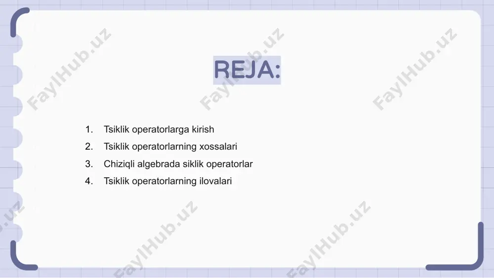 ari haqida tushunchaga ega bo'lishimiz mumkin. tsiklik operatorlarning ilovalari tsiklik operatorlar murakkab tizimlarni tahlil qilish va tushunish uchun turli sohalarda qo'llaniladigan matematik vositalardir. ular signallarni qayta ishlash, boshqaruv nazariyasi, kvant mexanikasi va boshqa ilmiy fanlarda qo'llaniladi. tsiklik operatorlarni o'rganish orqali tadqiqotchilar o'zlarining tegishli sohalaridagi murakkab muammolarga noyob tushunchalar va echimlarni topishlari mumkin. tsiklik operatorlarning o'zgarmas pastki fazolari tsiklik operatorlar - bu tsiklik vektorga ega bo'lgan chiziqli transformatsiyalar - operatorning takroriy qo'llanilishi orqali butun vektor maydonini yaratishi mumkin. tsiklik operatorlarning o'zgarmas pastki fazolari - operator harakati ostida o'zgarishsiz qoladigan, operatorning xatti-harakatini chuqurroq tushunish imkonini beruvchi pastki fazolar. invariant pastki fazolarni o'rganish chiziqli o'zgarishlarni tahlil qilishda kuchli vositani taklif qilib, tsiklik operatorlarning tuzilishi va xususiyatlari haqida tushuncha beradi. tsiklik operatorlar va spektral nazariya siklik operatorlar spektr nazariyasida hal qiluvchi rol o'ynaydi, bu esa ma'lum bir hilbert fazosida operatorlarning xatti-harakatlari haqida tushuncha beradi. ular tsiklik xususiyatlarni namoyish etadi, bu erda operatorning takroriy ilovalari …