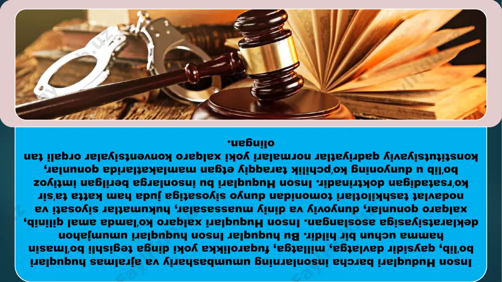v va subyektiv omillar taʼsiri ostida shakllandi . xix asr oxiri xx asr boshlarida sanoati rivojlangan koʻpgina mamlakatlarda iqtisodiyot sohasida sezilarli siljishlar roʻy berdi . nihoyat, inson huquqlarining „uchinchi avlodi“ — „hamjihatlik huquqlari“ deb atalib, ular davlatlardan ustun turuvchi va kollektiv xarakterga ega. umumiy eʼtirof etilgan qoidaga koʻra bu huquqlar: tinchlikka boʻlgan huquq, bexavotir tabiiy atrof muhitga boʻlgan huquq, insonniyatning iqtisodiy va madaniy merosidan foydalanish huquqi va boshqalar. nihoyat, inson huquqlarining „uchinchi avlodi“ — „hamjihatlik huquqlari“ deb atalib, ular davlatlardan ustun turuvchi va kollektiv xarakterga ega. umumiy eʼtirof etilgan qoidaga koʻra bu huquqlar: tinchlikka boʻlgan huquq, bexavotir tabiiy atrof muhitga boʻlgan huquq, insonniyatning iqtisodiy va madaniy merosidan foydalanish huquqi va boshqalar. inson huduqlari barcha insonlarning umumbashariy va ajralmas huquqlari boʻlib, qaysidir davlatga, millatga, fuqarolikka yoki dinga tegishli boʻlmasin hamma uchun bir hildir. bu huquqlar inson huquqlari umumjahon deklaratsiyasiga asoslangan. inson huquqlari xalqaro koʻlamda amal qilinib, xalqaro qonunlar, dunyoviy va diniy …