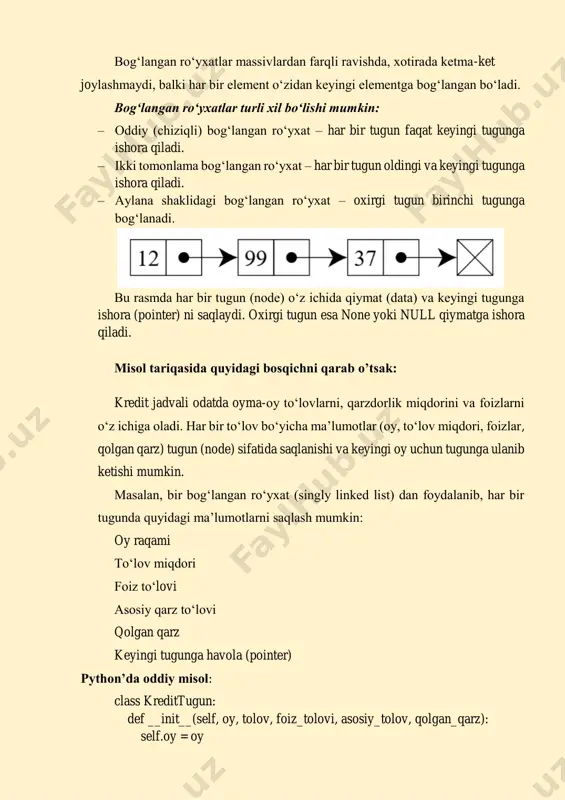 none # keyingi tugunga havola class kreditjadvali: def __init__(self): self.bosh = none # kredit jadvalining boshlang‘ich tuguni def tugun_qo‘shish(self, oy, tolov, foiz_tolovi, asosiy_tolov, qolgan_qarz): yangi_tugun = kredittugun(oy, tolov, foiz_tolovi, asosiy_tolov, qolgan_qarz) if not self.bosh: self.bosh = yangi_tugun else: oxirgi = self.bosh while oxirgi.next: oxirgi = oxirgi.next oxirgi.next = yangi_tugun # oxirgi tugunga yangisini bog‘lash def jadval_chop_etish(self): tugun = self.bosh print("oy | to'lov | foiz | asosiy | qolgan qarz") while tugun: print(f"{tugun.oy} | {tugun.tolov:.2f} | {tugun.foiz_tolovi:.2f} | {tugun.asosiy_tolov:.2f} | {tugun.qolgan_qarz:.2f}") tugun = tugun.next # misol uchun kredit jadvali yaratamiz jadval = kredit jadvali() jadval.tugun_qo‘shish(1, 200, 50, 150, 1800) jadval.tugun_qo‘shish(2, 200, 45, 155, 1645) jadval.tugun_qo‘shish(3, 200, 40, 160, 1485) jadval.jadval_chop_etish() olingan natija quyidagicha: oy | to'lov | foiz | asosiy | qolgan qarz 1 | 200.00 | 50.00 | 150.00 | 1800.00 2 | 200.00 | 45.00 | 155.00 | 1645.00 3 | 200.00 | 40.00 | 160.00 | 1485.00 misol …