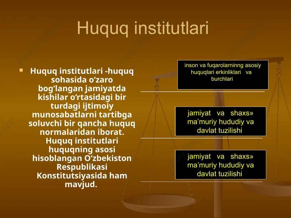 ichki huquq tuzilishi bo‘lib, kishilar o‘rtasidagi turli ijtimoiy munosabatlarni tartibga soladi. huquq tizimi jamiyatning siyosiy, g‘oyaviy, ma’rifiy, madaniy va boshqa ijtimoiy belgilari bilan bog‘liqdir. hamda huquq tizimi jamiyatning milliy munosabatlari, uning urf —odatlari, barcha xalqning huquqiy ongi huquqiy madaniyatligi va davlatning huquq ijodkorlik faoliyatiga borliqdir. huquq tizimi jamiyatdagi barcha sinf, millat, tabaqa va xalqning qonun darajasida ko‘tarilgan erki —irodasi bo‘lib, ular o‘rtasidagi turli ijtimoiy munosabatlarni tartibga soluvchi huquq normalari, huquq institutlari va huquq sohalaridan iborat bo‘lib, obyektiv xarakterga ega. huquq institutlari huquq sohasida o‘zaro bog‘langan jamiyatda kishilar o‘rtasidagi bir turdagi ijtimoiy munosabatlarni tartibga soluvchi bir qancha huquq normalaridan iborat. huquq institutlari huquqning asosi hisoblangan o‘zbekiston respublikasi konstitutsiyasida ham mavjud. masalan, «inson va fuqarolarninng asosiy huquqlari erkinliklari va burchlari», «jamiyat va shaxs» ma’muriy hududiy va davlat tuzilishi» va boshqalar huquqning barcha sohasiga taaluqlidir. jumladan, fuqarolik huquqi soqasida-mulk huquqi institutlari, jinoyat huquq sohasida-davlatga qarshi institutlar mavjud. bu huquq institutlari tegishli huquq sohalarining …