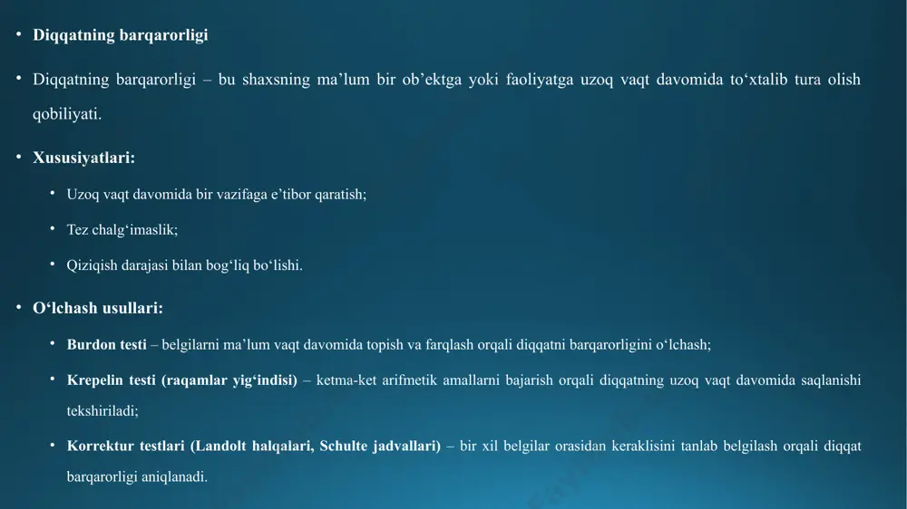 iktant tinglash; murakkab schulte jadvallari – sonlar va harflarni parallel izlash. amaliy misol:haydovchi mashina boshqarayotib, yo‘l belgilarini kuzatishi, suhbatlashishi va signalni tinglashi – diqqat bo‘linuvchanligining real hayotdagi ko‘rinishidir. xulosa diqqatning barqarorligi va bo‘linuvchanligini o‘rganish psixologiyada katta ahamiyatga ega. chunki u insonning ta’lim jarayonida, kasbiy faoliyatda va kundalik hayotda muvaffaqiyatini ta’minlovchi muhim kognitiv omillardandir. diqqat barqarorligi samarali faoliyatni davom ettirishni ta’minlasa, bo‘linuvchanligi murakkab sharoitlarda bir vaqtning o‘zida bir nechta vazifani bajarish imkonini beradi. image2.jpeg image3.jpeg image4.jpeg image5.png image1.png /docprops/thumbnail.jpeg