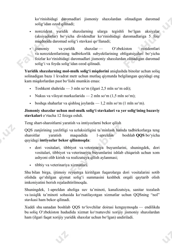 rni olib kirish, shuningdek, xmi va dtxk kreditlari hisobiga sotib olingan tovarlarni (xizmatlarni) sotishdagi aylanmalar bo‘yicha berilgan imtiyozlar bekor qilinmoqda. 2024-yil 1-yanvardan 2026-yil 1-yanvargacha bo‘lgan davrda kichik biznes subyektlarini uzluksiz qo‘llab-quvvatlash kompleks dasturida ishtirok etuvchi tijorat banklarining loyihalar uchun ajratilgan bank kreditlari bo‘yicha olingan foizlar ko‘rinishidagi daromadlari daromad solig‘ini hisoblashda chegirib tashlanadigan xarajatlar sifatida e’tirof etiladi. “izlanish va rivojlanish” markazlari 2024-yil 1-yanvardan 2027-yil 1-yanvarga qadar bo‘lgan davrda mazkur markazlarning obyektlari va ular egallagan yer uchastkalari bo‘yicha yuridik shaxslarning mol-mulkiga solinadigan soliqni hamda yuridik shaxslardan olinadigan yer solig‘ini ushbu soliqlar bo‘yicha hisoblangan summaning 1 foizi miqdorida, shuningdek, ijtimoiy soliqni 1 foiz miqdoridagi soliq stavkasi bo‘yicha to‘laydi. qat’iy belgilangan soliq stavkalarining oshirilishi 1-fevraldan soliqni qat’iy belgilangan miqdorlarda to‘laydiganlar uchun soliq stavkasi 10 foizga oshiriladi. gap oziq-ovqat va nooziq-ovqat mahsulotlari, dehqon bozorlaridagi qishloq xo‘jaligi mahsulotlari, gazeta-jurnal va kitoblar, maishiy xizmat ko‘rsatish va boshqa faoliyat turlarining chakana savdosi tariflari haqida bormoqda. mulkni ijaraga beruvchilar …