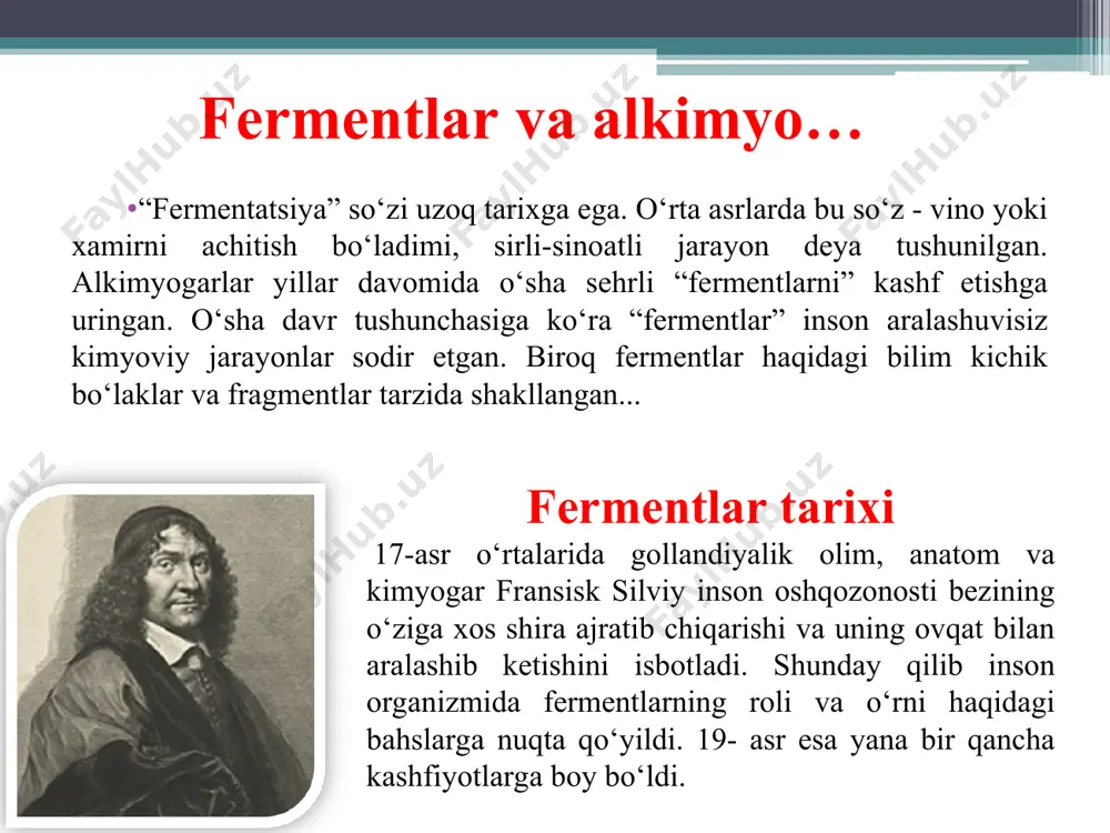yordamida amalga oshadi. kimyoviy katalizatorlardan farqli ravishda biokatalizatorlar, ya’ni fermentlar reaktsiyalarni o‘ziga хos uch хil asosiy shart asosida amalga oshadi: 1-shart: fermentlar reaktsiyalarini nihoyatda yumshoq sharoitda amalga oshiradi; 2-shart: fermentlar reaktsiya sharoitida yoki muhiti o‘zgarishi natijasida nihoyatda tez o‘z hususiyatlarini o‘zgartiradi yoki yo‘qotadi; 3-shart: fermentlar tanlovchandir ya‘ni ko‘pincha bitta ferment faqat bitta reaktsiyani va aynan bitta moddadagi ma’lum reaktsiyani amalga oshishini ta’minlaydi. fermentlar asosan 2 xil bo‘linadi: bir komponentli fermentlar, ya’ni katalitik hususiyatga ega bo’lgan oqsil molekulasidangina hosil topgan fermentlar. bir komponentli fermentlarda aktiv markaz rolini bajarishda ayrim aminokislotalar qoldig‘i ishtirok etadi. ikki komponentli fermentlar, ya’ni oqsil qismdan (apofermentdan) va oqsil bo‘lmagan (prostetik gruppadan) qismdan tashkil topgan fermentlar ishtirok etadi. fermentlarning tasnifi va nomlanishi hozirgi vaqtda fermentlarni ikki xil nomlash qabul qilingan: ishchi va sistematik. fermentlarning ishchi yoki rasional nomi enzim ta’sir etadigan modda (substrat) yoki reaktsiya nomining oxiriga aza qo‘shimchasini qo‘shish bilan tuziladi. binobarin aza bilan tugaydigan so‘zlar, albatta, …