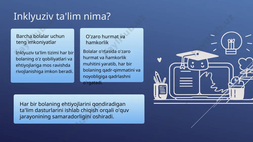 olalarni o'qitish bo'yicha nazariy bilimlar va amaliy ko'nikmalarni berish, o'quvchilarning individual xususiyatlarini hisobga olgan holda o'qitish usullari bilan tanishtirish. o'qituvchilarni inklyuziv ta'lim muhitini yaratishga tayyorlash sinfda barcha o'quvchilarga teng imkoniyatlar yaratish, ularning individual ehtiyojlarini qondirish, ularning ta'limga bo'lgan qiziqishlarini uyg'otish, ularning o'ziga bo'lgan ishonchini kuchaytirish. o'qituvchilarni inklyuziv ta'limga oid amaliy ko'nikmalarni egallashga yordam berish o'quvchilarning xususiyatlariga moslashtirilgan o'quv dasturlari, o'quv materiallari, baholash usullari, va inklyuziv ta'limga oid texnologiyalarni qo'llash bilan tanishtirish. * inkluziv ta'limni tashkil etishning asosiy vazifalari o'quvchilarning individual ehtiyojlarini aniqlash va ularni hisobga olish o'quv dasturlari va o'quv materiallarini moslashtirish va ularning kirish imkoniyatlarini ta'minlash turli ehtiyojlarga ega bolalar uchun qo'llab-quvvatlovchi muhit yaratish o'qituvchilarning inklyuziv ta'lim bo'yicha malakasini oshirish oila va jamoatchilik bilan hamkorlikni rivojlantirish inkluziv ta'limni amalga oshirish uchun zarur moddiy-texnik bazani ta'minlash * inkluziv ta'lim jarayonida o'qituvchining roli farzandimizning ehtiyojlarini qondirish o'qituvchilar o'quvchilarning individual ehtiyojlarini aniqlash va ularni qondirish uchun javobgardir. bu o'quv rejasini moslashtirish, o'quv …