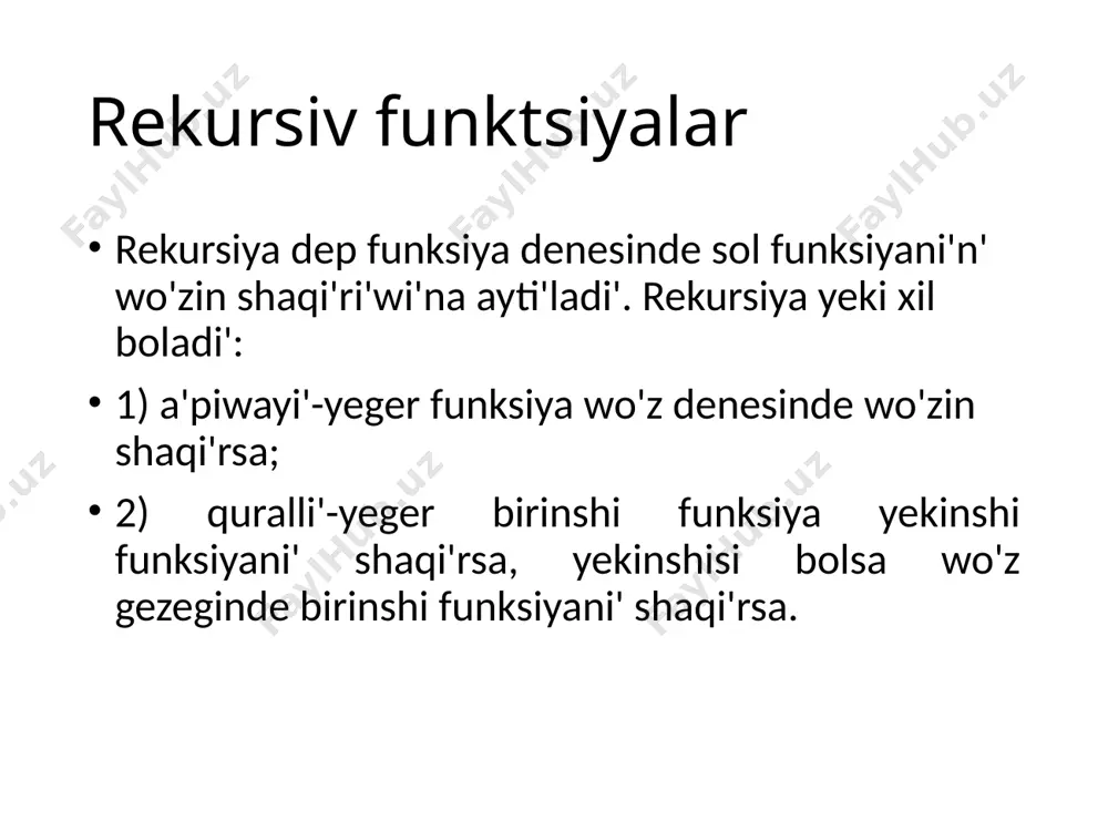 t m ) { int p; p = 6 - k - m; hanoi ( n-1, k, p ); cout " " = 10 ) sum += sumdig ( n / 10 ); return sum; } rekursiyanin’ to’qtaw sha’rti? ? rekursiv shaqiriw sumdig( 1234 ) 4 + sumdig( 123 ) 4 + 3 + sumdig( 12 ) 4 + 3 + 2 + sumdig( 1 ) 4 + 3 + 2 + 1 son’g’i tsifr evklid algoritmi 15 eu’ub esaplaw int nod ( int a, int b ) { if ( a == 0 || b == 0 ) if ( a > b ) return nod( a - b, b ); else return nod( a, b – a ); } return a + b; rekursiv shaqiriw rekursiyanin’ to’qtaw sha’rti image1.emf image2.emf a'detde rekursiya matematikada ken' qollani'ladi'. sebebi ko'pshilik matematikali’q formulalar rekursiv ani'qlanadi'. mi'sal si’pati’nda faktorialni hisoblash formulasi'n 1,0;!*(1)!,0,yegernnnnyegern ha’m …