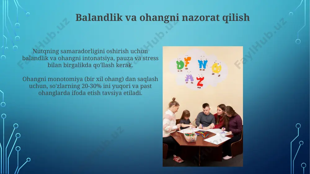 jag'ning 7 ta asosiy holatini aniqlash va ularni mashq qilish orqali fonetik aniqlikka erishish mumkin. har bir tovushning artikulyatsiya xususiyatlarini tushunish muhim. tilning pozitsiyasi va og'iz bo'shlig'ining hajmini nazorat qilish orqali, taxminan 30 ta asosiy undosh va unli tovushlarning aniq talaffuzini shakllantirish mumkin. bu esa nutqning tushunarliligini oshiradi. o'qish orqali nutqni boyitish turli janrdagi – badiiy adabiyot, ilmiy maqolalar, publisistikadan iborat 3-4 ta kitobni bir vaqtning o'zida o'qish leksik ko'nikmalarni tez rivojlantiradi va nutqni diversifikatsiya qiladi. o'qish jarayonida kamida 50 ta yangi so'z va iborani o'zlashtirish lug'at zahirasini 20% ga oshirishi mumkin, bu nutqning boyligi va aniqligiga ijobiy ta'sir ko'rsatadi. til o'rganish strategiyalari nutqni takomillashtirishda 2-3 mavzu bo'yicha muntazam ravishda ma'ruzalar tayyorlash va tinglovchilar oldida taqdimot qilish o'z-o'zini baholash va o'z ustida ishlash imkoniyatini beradi. ona tili grammatikasini chuqur o'rganish, jumla tuzilmalari, sintaksis qoidalari va stilistik vositalarni (masalan, 3 xil metafora turi) egallash nutq madaniyatini yuksaltiradi. nutqni takomillashtirish bo'yicha mashqlar …