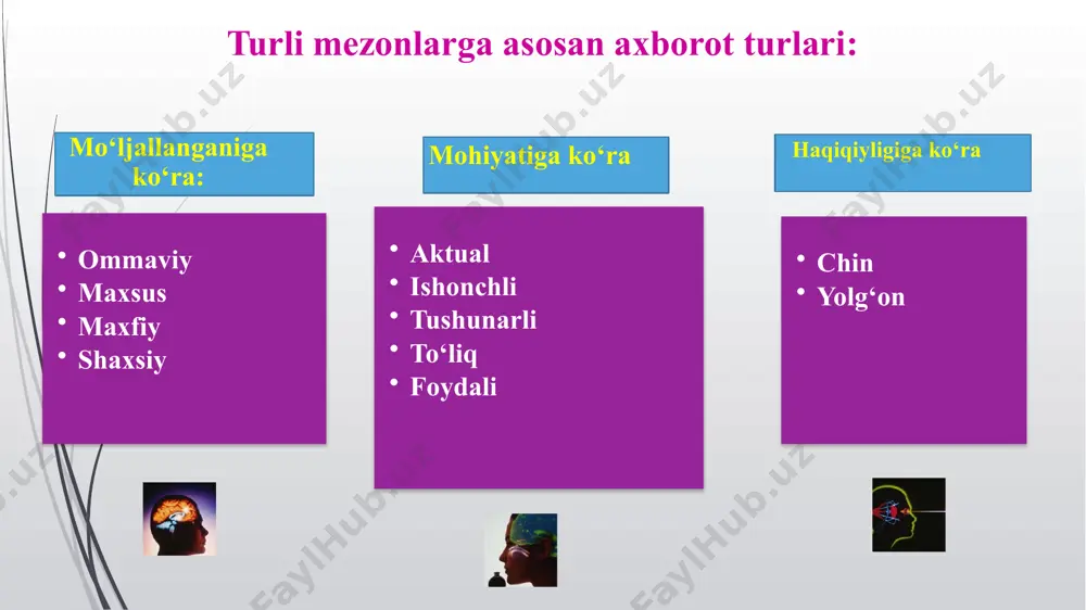 li turli qog‘ozbozliklardan qutulish va bemorlarga ko‘proq e’tibor qaratishga imkoniyat yaratadi. axborot tizimlaridan foydalanish orqali sog‘liqni saqlash tizimini bopshqarish samaradorligini oshirish va ko‘rsatiladigan tibbiy xizmatlarning sifatli bo‘lishini ta‘minlash mumkin bo‘ladi. axborot texnologiyalarining tibbiyotda qo‘llanilishi https://www.youtube.com/watch?v=vhgccrebwya axborot texnologiyalari (at) tibbiyot sohasida turli jarayonlarni takomillashtirish, ma’lumotlarni boshqarish va bemorlarga sifatli xizmat ko‘rsatishni ta’minlash uchun keng qo‘llaniladi. axborot texnologiyalari tibbiyotda qo‘llanilishi 1. elektron tibbiy kartalar bemorlarga oid barcha ma’lumotlarni raqamli shaklda saqlash va boshqarish imkonini beradi. shifokorlar va tibbiyot xodimlari ma’lumotlarga oson va tez kirish imkoniga ega bo‘ladi. tibbiy xatolarni kamaytiradi va davolash jarayonining izchilligini ta’minlaydi. 1. elektron tibbiy kartalar 1. elektron tibbiy kartalar raqamli rentgen tasvirlari: raqamli rentgenogra-fiya minimal nurlanish bilan yuqori sifatli tasvirlarni tezda olish imkonini beradi. bunday tasvirlar osongina qayta ishlanadi va mutaxassislar o'rtasida uzatiladi. 1. raqamli diagnostika va vizualizatsiya kompyuter tomografiyasi (kt) kt texnologiyasi aniq tahlil qilish uchun tishlar, suyaklar va yumshoq to'qimalarning uch o'lchovli tasvirlarini olish imkonini beradi. …