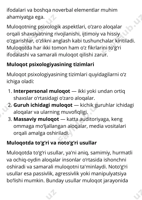 s, g‘azab yoki qo‘rquv. kognitiv to‘siqlar — noto‘g‘ri tushunish yoki noto‘g‘ri talqin qilish. ijtimoiy to‘siqlar — madaniy yoki ijtimoiy farqlar, gender farqlari yoki kommunikatsiya to‘siqlari. muloqotda hissiy intellektning roli hissiy intellekt (eq) muloqotda muhim ahamiyatga ega. bu shaxsning o‘z hissiyotlarini anglash, boshqalarning hissiyotlarini tushunish va ular bilan samarali aloqada bo‘lish qobiliyatidir. hissiy intellekt muloqotda to‘g‘ri javoblarni taqdim etishda va boshqalar bilan ijtimoiy aloqalarni mustahkamlashda yordam beradi. aktiv tinglash va uning muloqotdagi ahamiyati aktiv tinglash — bu muloqot jarayonida to‘liq diqqatni tinglanayotgan shaxsga qaratish, uning fikrlarini tushunishga harakat qilish va ularni aks ettirishdir. bu jarayon muloqotning samaradorligini oshiradi, chunki odamlar o‘z fikrlarini anglaganliklarini his qilishadi va bu o‘zaro ishonchni rivojlantiradi. muloqotda ziddiyatlar va ularni hal qilish usullari ziddiyatlar, muloqot jarayonida odamlar o‘rtasidagi manfaatlar yoki qarashlar to‘qnashuvi natijasida yuzaga keladi. muloqotda ziddiyatlarni hal qilishning samarali usullari: muvofiqlashtirish — tomonlar o‘rtasidagi qarama- qarshilikni hal qilish uchun kompromisslar topish. muzokara — ziddiyatni hal qilish …