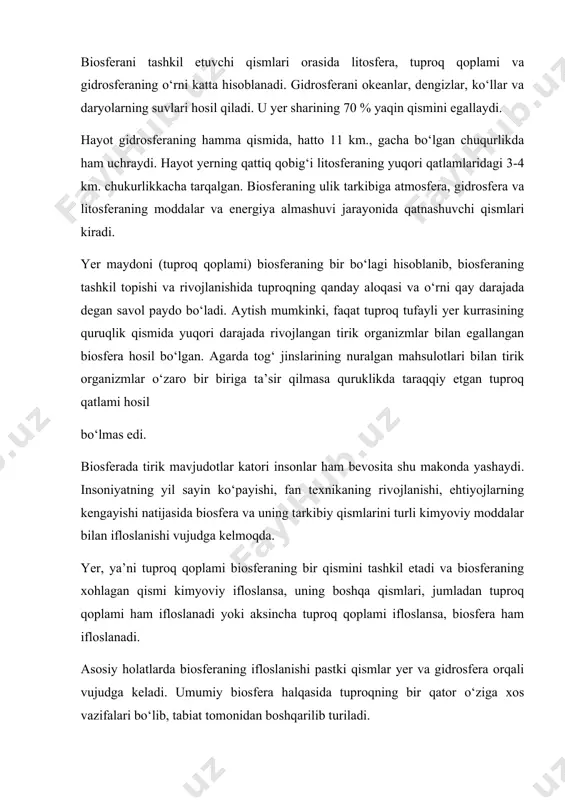 l oksidlarining aerozol shaklida vujudga keladi. og‘ir metallarning ifloslanish harakteri ekologik, geologik va biologik muammolar tizimini keltirib chiqaradi, chunki ular turli shaklda barcha sferalarda (suvda, havoda, tuproqda, o‘simliklarda, hayvonlarda, qishloq xo‘jalik va sanoatda) uchraydi. bundan ko‘rinadiki og‘ir metallar bilan ifloslanish biosferaning birgina qismiga ta’sir etmasdan, balki kompleks holda biosfera qismlariga o‘zining zaharli ta’sirini o‘tkazadi.