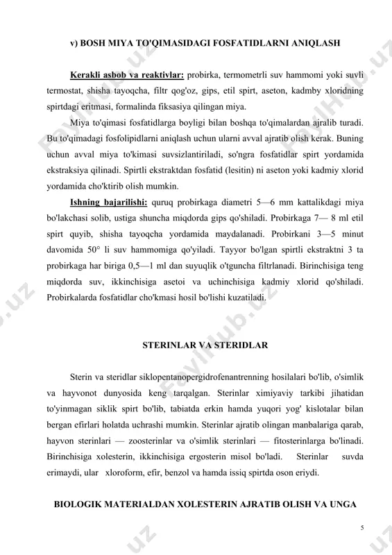 angli bixolestadiyenga aylanishi mumkin. ishning bajarilishi. bosh miyadan xolesterin quyidagicha ajratib olinadi: 3—5 g miya materiali avval 6—10 g gips bilan hovonchada yaxshilab maydalanadi, so'ngra olingan massani shisha plastinkaga yupka qilib surkaladi va gaz gorelkasida ohistalik bilan quritiladi. quruq massani plastinkadan to'plab, quruq probirkaga solinadi. probirkaga 5—6 ml xloroform quyib 5—10 minut davomida ekstrakt olinadi. tayyor bo'lgan xloroformli ekstrakt filtrlanib, olingan filtrat keyingi ishlar uchun saqlab qo'yiladi. 1-tajriba. xolesteringa xos salkovskiy reaksiyasi. 2 ta probirka olib, biriga 1 ml xloroform ekstrakti, ikkinchisiga xolesterinning 1%li eritmasidan quyiladi. har ikkala probirkaga teng hajmda konsentrlangan sulfat kislota quyiladi. ikki kavat chegarasida qizil halqa hosil bo'ladi. probirkadagi suyuqlik ohistalik bilan chayqatilib tindirilsa, ustki qavat qizil rangga, pastki qavat esa yashil fluoressensiyali to'q sariq rangga kiradi. agar pastki qavatiga muz-sirka kislota qo'shilsa, suyuqlik fluoressensiyasi saqlangan holda pushti-qizil rangga bo'yaladi. 2- tajriba. liberman-burxard reaksiyasi. ikkita probirkaning biriga 1 ml xolesterin ekstrakti, ikkinchisiga shuncha miqdorda xolesterinning 1% …