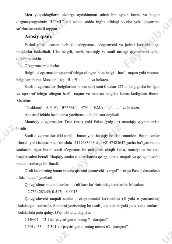 lar ishtirok etishi mumkin. masalan, const a=21071963; _m10m10=‘2301‘; pi=3.141516; o‘zgaruvchi miqdorlar. o‘zgaruvchilar dasturning tavsiflash qismida albatta tavsiflanishi, yani ularning turi ko‘rsatilgan bo‘lishi lozim. dasturda o‘zgaruvchilarni tavsiflash paskalning var xizmatchi so‘zi bilan boshlanadi: var o‘zgaruvchi : turi; o‘zgaruvchi : turi; agar bir nechta o‘zgaruvchining turi bir xil bo‘lsa, ularni alohida tavsiflamasdan, birgalikda tavsiflash ham mumkin: var 1-o‘zgaruvchi, 2-o‘zgaruvchi,…, n-o‘zgaruvchi : turi; butun sonli qiymatlar qabul qiladigan o‘zgaruvchilar butun sonli o‘zgaruvchilar deyiladi. ular 5 turga bo‘linib, bir-biridan qabul qiladigan qiymatlarining chegarasi hamda kompyuter xotirasidan egallaydigan joyi (hajmi) bilan farqlanadi. quyidagi jadvalda butun sonli o‘zgaruvchilarni tavsiflash uchun zarur bo’lgan paskalning maxsus so‘zlari, ularga mos qiymatlar chegarasi va egallaydigan xotira hajmi keltirilgan: turi qiymatlar chegarasi egallaydigan xotira hajmi byte 0 … 255 8 bit = 1 bayt shortint -128 … 127 8 bit = 1 bayt word 0 … 65 535 16 bit = 2 bayt integer -32 768 … 32 767 16 bit …