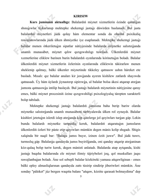 shekemgi jastaǵı balaga sinirilgen bilim hám qádiriyatlar onin pútkil kelesindegi ómirin belgilep beriwi sebepli mektepke shekemgi tálim bárkámal shaxsti qáliplestiriwde zárúrli áhmiyetke iye. soni esapqa alǵan halda, ótken dáwirde ózbekstan respublikasında mektepke shekemgi tálimdi rawajlandırıw hám nátiyjeli iskerlik kórsetiwine qaratılǵan qatar normativlik-huqiqiy hújjetler qabıllandı hám de kompleks ilajlar ámelge asırıldı. usının nátiyjesinde mektepke shekemgi tálimdi basqarıwdıń zamanagóy mexanizmlerin enńgiziw, tárbiya hám oqiw procesin jetilistiriw, mektepke shekem tálim mákemelerin joqarı maman qániygeler menen toltiriw, olardıń infraqurılmasi hám materiallıq-texnikalıq úskeneleniwin jaqsılaw maqsetinde ózbekstan respublikası prezidentinin 2017-jil 9 sentyabr degi "mektepke shekemgi tálim sistemasın túpten jetilistiriw boyınsha ilajlar tuwrısında"gi pq-3261-sanlı sheshimi qabıllandı. "2017-2021 -jillarda mektepke sheker tálim sistemasın jáne de jetilistiriw ilajları tuwrısında”gi pq-2707-san qarar mektepke shekem tálim sistemasın jáne de jetilistiriw, materiallıq-texnikalıqa bazasın bekkemlew, mektepke shekem tálim mákemeleri tarmagin keńeytiw, maman pedagog kadrlar menen támiyinlew, balalardı mektep tálimine tayarlaw dárejesin tupten jaqsilaw, tálim-tárbiya procesine zamanagóy tálim programmaları hám texnologiyaların qollanıw etiw, balalardı …