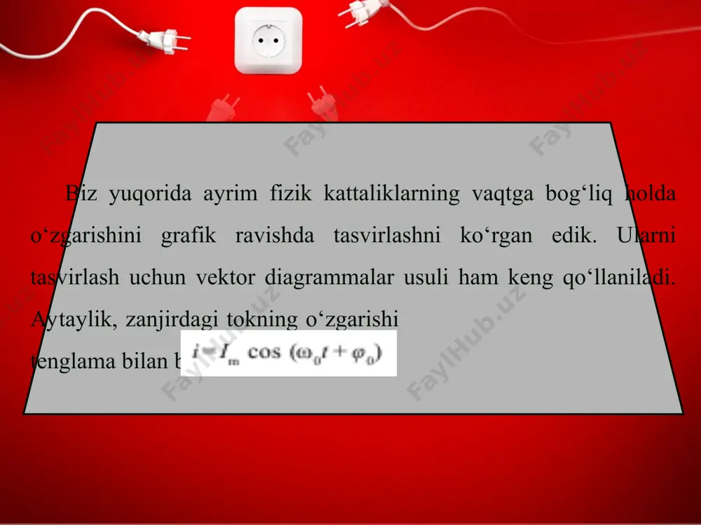 uchining tebranishlari bir xil fazada bo‘ladi degan xulosaga kelinadi. kuchlanish va tok kuchi tebranishlarining grafiklari 3.10-rasmda keltirilgan. kuchlanish va tok kuchi tebranishlarining fazalari orasidagi munosabatni vektor diagramma orqali ko‘rsatish mumkin (3.11-rasm). diagrammada o‘zgaruvchan tok kuchi amplitudasi bilan o‘zgaruvchan kuchlanish amplitudasi parallel vektorlar ko‘rinishida tasvirlanadi, ular orasidagi burchak, ya’ni tebranish fazalarining farqi nolga teng. kundalik turmushda iste’mol qilinadigan elektr kuchlanishining chastotasi 50 hz ga teng. bu degan so‘z cho‘g‘lama tolali elektr lampochkasi bir sekundda 100 marta o‘chib-yonadi. lekin bizninig ko‘zimiz bir sekundda o‘rtacha 16 – 20 marta o‘zgargan jarayonni ilg‘amaganligi sababli biz lampochkaning o‘chib-yonganligini sezmaymiz. shuning uchun o‘zgaruvchan tokning quvvatini bilish katta ahamiyatga ega aktiv qarshilikli zanjirdagi quvvat. o‘zgaruvchan tokning oniy quvvati p=i u bilan aniqlanadi. tok kuchi va kuchlanishning oniy qiymatlari uchun (3–7) va (3–6) ifodalarni qo‘ysak, ga ega bo‘lamiz bunda: pm =i m ·um bo‘lib, o‘zgaruvchan tokning maksimal qiymati deyiladi. cos2 ωt ifoda har doim musbat bo‘lganligidan o‘zgaruvchan tok …