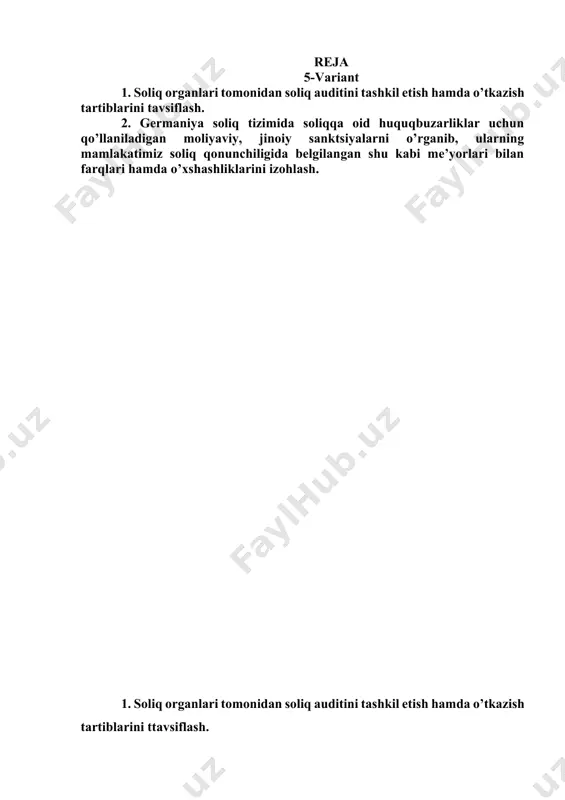 i taqdim etilmasligi yoki asosnomalarning yetarli emas deb belgilanishi: kameral soliq tekshiruvi natijasida aniqlangan tafovutlar yuzasidan soliq to’lovchi tomonidan asoslovchi hujjatlarni soliq organlariga belgilangan muddatda taqdim etmaslik yoki tavofutlar mavjud bo’lgan taqdirda aniqlashtirilgan soliq hisobotlarini taqdim etmaslik soliq auditi tayinlanishiga sabab bo’luvchi asosiy omillardan biri bo’lib hisoblanadi. · yuridik shaxslarning ixtiyoriy tugatilishi (soliq maslahatchilari tashkilotlarining soliqlar bo’yicha xulosalari mavjud bo’lgan soliq to’lovchilar bundan mustasno); yuridik shaxslarning ixtiyoriy ravishda (korxonani yopish) tugatilishi to’g’risida ro’yxatdan o’tkazuvchi organlarga ariza berilishi soliq auditi tayinlanishiga sabab bo’ladi. biroq bugungi kunda amaliyotda soliq auditi o’tkazilmasdan yuridik shaxslarni tugatish holatlari mavjud bo’lib, ya’ni vazirlar mahkamasining 2021 yil 2 noyabrdagi 664-son qarori asosida soliq to’lovchilar yillik aylanmasi oxirgi uch yil mobaynida 1 mlrd so’mgacha bo’lgan soliq to’lovchilar (tavakkalchilik darajasi yuqori bo’lgan soliq to’lovchilar bundan mustasno) soliqlarga doir xulosa berish huquqiga ega bo’lgan “soliq maslahatchilari” tashkilotlarining xulosalari asosida tugatilishi mumkin. · soliq to’lovchilarning jinoyat ishlari bo’yicha moliya-xo’jalik faoliyatining taftish …
