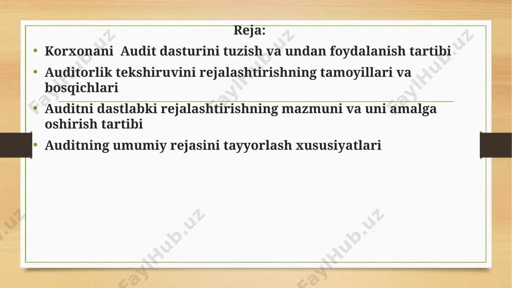 yoki savolnomalar majmui shaklida tuziladi. buxgalteriya hisobi va ichki nazorat tizimi ishonchliligini baholash natijalariga asosan, auditorlik tashkiloti tomonidan tekshirishda bajariladigan ishlar hajmi, shuningdek, tekshiruv muddati va qiymati belgilanadi, bunda nazorat vositalari testlarini o’tkazish orqali xo’jalik yurituvchi sub’ekt nazorat vositalarining jiddiy kamchiliklari aniqlanadi. mohiyatiga ko’ra, auditorlik amallari dasturi buxgalteriya hisobida hisobvaraqlar bo’yicha oborotlar va saldo to’g’ri aks ettirilganligini batafsil tekshirishni o’zi ichiga qamrab olib, ular buxgalteriya hisobi ob’ektlari yoki umumiy rejada belgilangan vazifalarni bajarish bo’yicha auditorlik amallari ro’yxatidan iborat bo’ladi. auditor bunday amallarni qo’llash orqali buxgalteriya hisobining aynan qanday bo’limlarini tekshirishni belgilaydi va bu esa auditordan buxgalteriya hisobining har bir bo’limini tekshirish bo’yicha auditorlik dasturini tuzishni talab etadi. auditorlik tekshiruvini o’tkazish shartlari va auditorlik amallari natijalari bog’liq holda audit dasturi qayta ko’rib chiqilishi mumkin. o’zgarishlarning sabablari va natijalari o’zgartirilgan dasturda hujjatlashtirilishi lozim. audit dasturining har bir bo’limi bo’yicha auditorning ish hujjatlarida aks ettirilgan xulosalari auditorlik hisoboti (xo’jalik yurituvchi sub’ekt rahbariyatiga yozma …