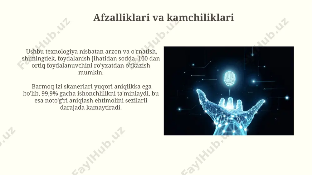 a'minlaydi. ushbu texnologiya barmoq izlarining noyob xususiyatlariga, masalan, minutiae nuqtalarining joylashuvi va yo'nalishiga asoslanadi va yuqori darajadagi ishonchlilik bilan 100 millisekunddan kamroq vaqt ichida autentifikatsiyani amalga oshiradi. kelajakdagi yo'nalishlar mobil qurilmalarda kam quvvat sarflaydigan, tezkor va xavfsiz barmoq izi sensori texnologiyalarini yaratish bo'yicha 5 yillik strategik reja mavjud bo'lib, miniatyurizatsiya va ai integratsiyasi muhim rol o'ynaydi. biometrik ma'lumotlarni chuqur o'rganish texnologiyalaridan foydalanib, 3d barmoq izlari skanerlash aniqligini 99,9% ga yetkazish va yolg'onchi hujumlarga chidamliligini oshirish yo'nalishlari rivojlantiriladi. e'tiboringiz uchun rahmat @taqdimot_robot image2.jpg image3.jpg image4.jpg image5.jpg image6.jpg image7.jpg image8.jpg image9.jpg image10.jpg image11.jpg image12.jpg