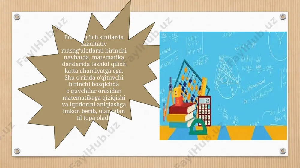vchi matematik fakt va ma’lumotlar, malaka va ko’nikmalar zapasini to’plashdan iborat. adabiyotlar 1. abdullayeva b.s., sadikova a.v., toshpo‘latova m.i. boshlang‘ich sinflarda matematikadan sinfdan tashqari ishlarni tashkil etish t.: ooo «jahon - print», 2011. 2. jumayev m.e, tadjiyeva z.g‘. boshlang‘ich sinflarda matematika o‘qitish metodikasi. (o o‘y uchun darslik.) toshkent. “fan va texnologiyai” 2005 yil. 3. jumayev m.e, tadjiyeva z.g‘. boshlang‘ich sinflarda matematikadan fakultativ darslarni tashkil etish metodikasi. toshkent. “tdpu” 2005 yil. image4.png image5.png image6.png image7.png image8.png image9.jpeg image10.png image11.png image12.png image13.png image14.png image3.png