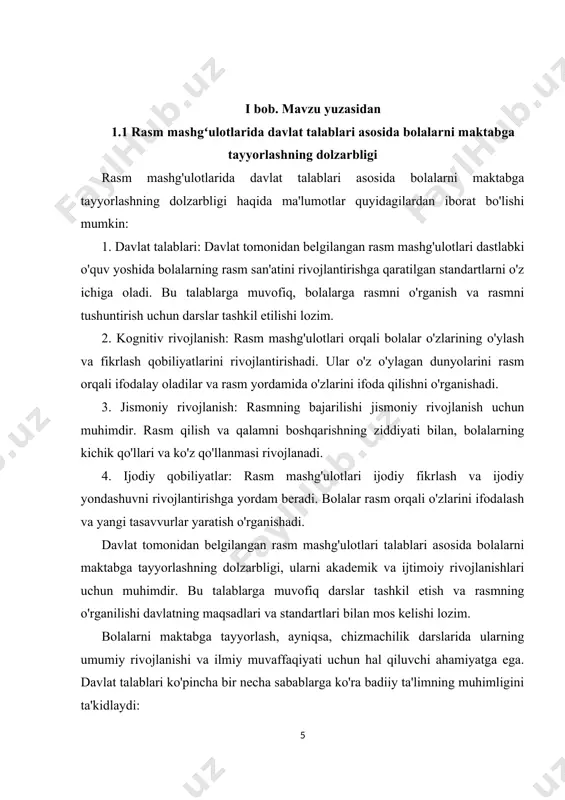 va bitiruv ko'rsatkichlari ortgan holda akademik jihatdan yaxshiroq natijalarga erishadilar. chizmachilik darslarini davlat talablariga muvofiqlashtirish orqali o‘qituvchilar bolalarning har tomonlama badiiy ta’lim olishlarini ta’minlashi mumkin, bu esa ularning har tomonlama rivojlanishiga va o‘quv muvaffaqiyatlariga hissa qo‘shadi. oʻzbekiston respublikasida taʼlim sohasida keng islohotlar amalga oshirilmoqda. respublikada joriy etilgan taʼlim tizimi, uning turlari va shakllari orqali har bir fuqaroning taʼlim olishdagi konstitutsiyaviy huquqlari amalga oshirib kelinmoqda. davlatimiz tomonidan ilmiy sohadagi rivojlanishlar keng qoʻllab-quvvatlanmoqda. ayniqsa bu oʻrinda yosh avlodni kichik yoshdan boshlab sogʻlom va har tomonlama yetuk qilib voyaga yetkazish, taʼlim-tarbiya jarayoniga samarali taʼlim-tarbiya shakllarini hamda usullarini joriy etish va shu orqali bolalarni rivojlantirish borasidagi ishlar muhim ahamiyat kasb etadi. “taʼlim toʻgʻrisida”gi oʻzbekiston respublikasi qonunining 8 –moddasida: - maktabgacha taʼlim va tarbiya bolalarni oʻqitish va tarbiyalashga, ularni intellektual, maʼnaviy-axloqiy, etik va estetik va jismoniy jihatdan rivojlantirishga, shuningdek bolalarni umumiy oʻrta taʼlimga tayyorlashga qaratilgan taʼlim turidir. - maktabgacha taʼlim-tarbiya olti yoshdan yetti yoshgacha boʻlgan …