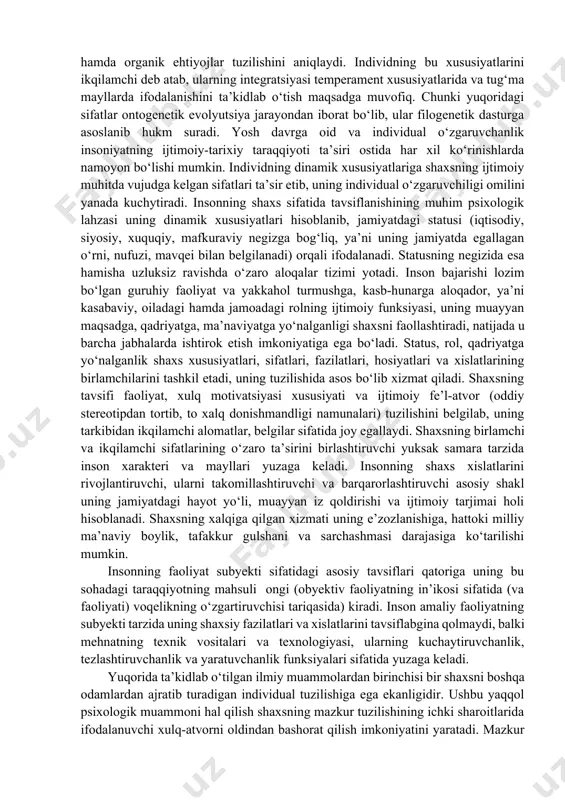 asavvurlarning yaratilishi, ishlab chiqilishi yaxlit nazariyaning zaruriy sharti hisoblanib, insonning ijtimoiy mohiyati qirralarini ochish imkoniyatiga egadir. xuddi shu boisdan psixologiyaga falsafa, pedagogika, tibbiyot singari fanlarning namoyandalari tomonidan uni muhokama qilish namoyon bo‘layotganligi tufayli unga qiziqishning kjsaqligidan dalolat bermoqda. psixologiya fani shaxs strukturasining modelini yaratishga boshqa fanlardan izchilroq kirishadi, uning tabiatini aks ettirish imkoniyatiga erishadi, natijada u psixologiya muammolari majmuasida markaziy o‘rin egalladi. psixologiya olimlari tomonidan tadqiqot qilinayotgan dolzarb muammolar bilan shaxs tuzilishiga oid masala u yoki bu jabhasi orqali uzviy bog‘liqlikka ega. bu kontekstda xulq motivatsiyasi, shaxsning tipologiyasini ishlab chiqish, shaxsga ta’sir o‘tkazishning samarali yo‘lyo‘rinushrini qidirishni eslatib o‘tishning o‘zi kifoya. psixologiya fanida shaxsga strukturaviy yondashish bo‘yicha eng salmoqpi ilmiy izlanishlar amalga oshirilganligi qonuniy holat bo‘lib, xilma-xil shaxs strukturasining modeli yaratilganligi fikrimizning yorqin dalilidir. bu borada b.g.ananyevning fikricha, psixologik hodisalarni aql (intellekt), hissiyot (emotsiya) va irodaga ajratilishi inson psixologiyasida strukturaviy yondashish tajribasining dastlabki ko‘rinishi bo‘lib, uning xaqchilligi ko‘pgina psixologlar tomonidan tan …