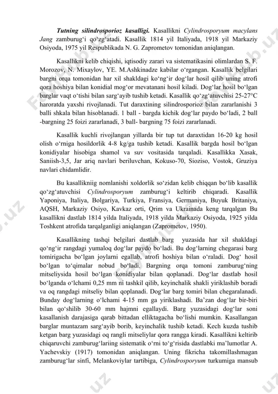 ozan va 50% li tmtd, kaptan, seneb, benlan kabi fungitsidlarni qo‘llash tavsiya etilgan (goncharenko, 1968; gogeliya, 1974; gvinepadze, 1975; gasanov, 1978; kiselev va b., 1991). urug‘ni ekishdan oldin fungitsidlar bilan ishlov berish natijasida urug‘ yuzasidagi zamburug‘lardan tozalanadi va tuproqdagi zamburug‘larning unga kirib kelmasligiga sharoit yaratadi. urug‘larni tuproqqa ekishdan oldin ishlov berish xo‘jaliklarda keng qo‘llaniladigan usul hisoblanib, u quyidagi bilan afzalliklarga ega: urug‘ning tuproqqa tushgan muddatidan boshlab, mustahkam o‘simlik hosil qilgan kungacha himoya qiladi, urug‘larni kam miqdorda sarflab kerakli miqdorda ko‘chat olish imkonini beradi; tuproqqa oz miqdordagi fungitsidlarning tushishi natijasida atrof muhitni ifloslanishidan saqlash imkoni vujudga keladi; uruqqa yopishgan fungitsidlar uni ishlatayotgan, qo‘llayotgan insonlarga kam ta’sir ko‘rsatadi. sistemali ta’sir etuvchi fungitsidlar o‘simlik to‘qimalariga oson kirib borib, o‘tkazuvchi naylar vositasida tezda harakatlanadi va unda hayot kechirayotgan patogen zamburug‘larning bioximik jarayonlariga salbiy -gta’sir ko‘rsatadi (yunusov va b.,1978; levitin va b., 1993; hasanov va b., 2000; levitin, 2000). tutning silindrosporioz kasalligi. kasallikni cylindrosporyum macylans …