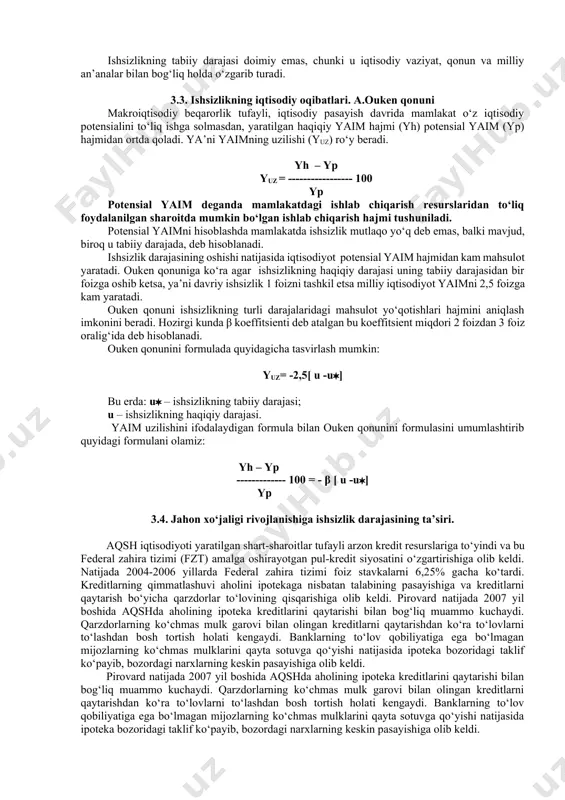 talab miqdorining ishchi kuchi taklifi miqdoridan kam bo‘lishi ishsizlikni keltirib chiqaradi. ishsizlar – bu, ishchi kuchining bir qismi bo‘lib, ijtimoiy ishlab chiqarishda band bo‘lmagan, lekin ishlashni xohlovchi va faol ish qidirayotgan aholidir. ishsizlik darajasi deb ishsizlarni ishchi kuchi soniga nisbatiga (% hisobida) aytiladi va uni quyidagi formula bilan aniqlash mumkin: ishsizlik darajasi = (ishsizlar soni / ishchi kuchi soni) x 100 ishsizlikning quyidagi turlari mavjud: - friksion ishsizlik; - tarkibiy ishsizlik; - davriy ishsizlik. to‘la ish bilan bandlik ishchi kuchining 100 foiz ish bilan ta’minlanganligini bildirmaydi. aksincha, friksion va strukturali ishsizlik ilojsiz hol bo‘lganligini hisobga olsak, biz mutlaq to‘la ish bilan bandlilikka erishib bo‘lmasligini tushunamiz. to‘la ish bilan bandlik davridagi ishsizlik, ishsizlikning tabiiy darajasi deyiladi. bunga ish qidiruvchilar soni bo‘sh ish joylari soniga muvofiq kelsagina erishish mumkin. ishsizlikning tabiiy darajasi friksion va tarkibiy ishsizlik yig‘indisiga teng bo‘ladi. ishsizlikning tabiiy darajasi doimiy emas, chunki u iqtisodiy vaziyat, qonun va milliy an’analar …