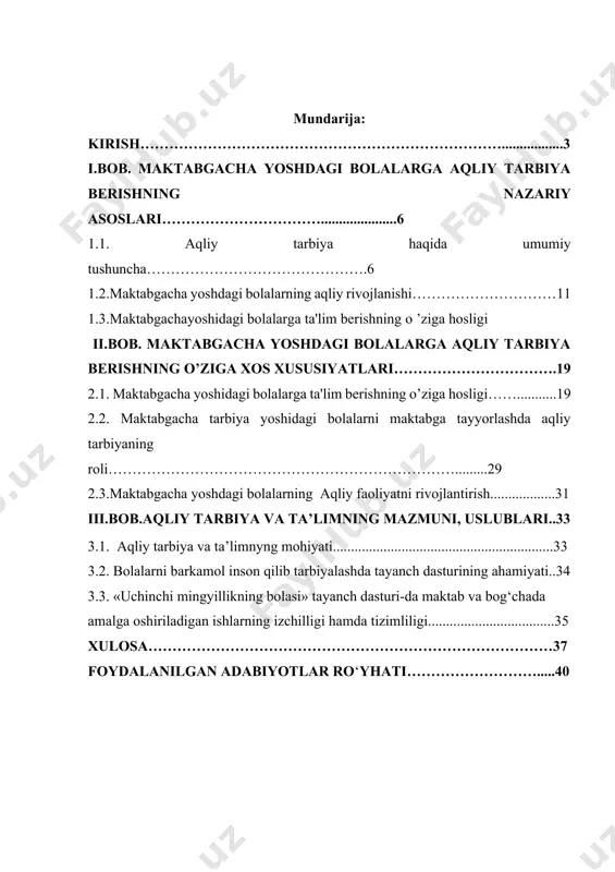 irish maqsadini ko‘zlaydi”. shuningdek, maktabgacha ta’lim bolalarnieng avvalo aqlan, jismoniy rivojlanish, nutq va tafakkurini shakllantirish kabi muhim vazifalarni bajarishni nazarda tutadi. zero aqliy tarbiya maktabgacha ta’limda eng muhim va asosiy bo‘g‘in sanaladi. bola qanchalik aqliy rivojlanish yuqori darajada bo‘lsa, shunchalik atrof-olamdagi qonuniyatlarni tub ma’nosini anglab yetishi oson bo‘ladi. bola bor bilim, malaka, ko‘nikmani kattalan nutqidan oladi va ularga taqlid asosida nutqi shakillanadi. bu esa biz ya’ni bolalarni atrofini o‘rab turgan barcha yaqinlariga chuqur mas’uliyat yuklaydi. yuqoridagilardan ko‘rinib, bilinib turibdiki mavzu nihoyatda dolzarb unga yechim izlash esa bolalar kelajagi va ularni rivojlanishida muhim omil bo‘lib hizmat qiladi. [footnoteref:1] [1: mirziyoyev sh.m. “erkin va farovon, demokratik o’zbekiston davlatini mard va olijanob xalqimiz bilan birga quramiz” mavzusidagi o’zbekiston respublikasi prezidenti lavozimiga kirishish tantanali marosimiga bag’ishlangan oliy majlis palatalarining qo’shma majlisidagi nutqi. – t.: “o’zbekiston”, 2016..] maqsad tarbiyaning umumiy ijtimoiy maqsadni ijobiy hal etishga yo’naltiriladi hamda aniq vazifalar tizimi sifatida namoyon bo’ladi. demak, tarbiya …
