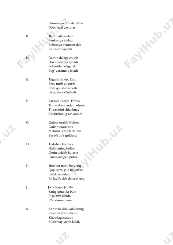 bor y. yo‘lchi, yo‘ldosh kitobga mehr bergan a’lochi yo‘q demasdan birovga yo‘l ko‘rsatar yo‘lboshchi z. zarifaning zo‘ntigi buzilib qoldi tezda zokir uni tuzatib rahmat eshitdi qizdan o‘ o‘rik o‘g‘irlab bog‘dan o‘rinboy qochib qoldi. oldidan chiqqach bog‘bon lol, hayron shoshib qoldi. g‘ g‘ani, g‘ulom g‘ildirak dumalatar tinmayin onasi bo‘lib halak o‘qing deydi kunma-kun sh. shalolaxon, shalola ayt bu rayhonmi lola tabiat zo‘r yaratgan qizil yoqut piyola ch. charos, chaman, chinnigul childirmani chaladi eshitsa qizlar butkul o‘ynagani keladi. ng bodring, ko‘ngil, singilda ng ni qo‘shib o‘qiymiz alifbening oxiri endi shunda to‘xtaymiz (ota-onanalarga so‘z) alifbe: barakalla, yana nelar o‘rgandingiz bilgim kelar? o‘quvchi: ona, vatan, mustaqillik kitob, maktab, ustoz barin maqol, topshmoq tez ayrish o‘rgandik biz shular sirin qo‘shiq: onajon she’r: vatan vatan mening ozod makonim gullagan chin maskanim o‘zbekiston atalgan xazon bo‘lmas chamanim bobolarim sevgan el momolarim bilgan el ajdodlari ardoqli g‘urur bilan to‘lar dil mustaqil bo‘lding bugun ketdi yurakdan tugun olmamga dong‘i …