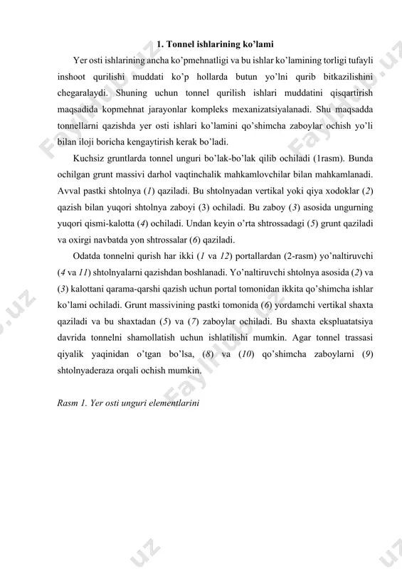 imcha zaboylarni ochish juda ham qattiq gruntlarda vaqtinchalik mahkamlovchi elementlar qo’yish zaruriyati bo’lmaganda, ungurni elementlarga bo’lmasdan to’la profili bo’yicha qazish mumkin. 2. ungur kirish qismini mustahkamlash va yo’naltiruvchi shtolnyani qazish qazish ishlarini boshlashdan oldin yaqinlashuv chuqurligini tayyorlash va kirish qismini old tomon qiyaligiga mahkamlash kerak bo’ladi. buning uchun bu qiyalikning kuchsiz va nuralgan gruntlardan iborat ustki qatlami olib tashlanadi. kirish qismini (3-rasm) mustahkamlash uchun, taxta va bruslardan (2 va 3) tayyorlangan shchitlarni tirab turadigan xodali ramalardan (1) foydalaniladi. kirish qismining bostirmasi (4) bir necha qatlam xodalardan iborat. bostirmaning ustiga uni old tomon qiyaligidan tushishi mumkin bo’lgan grunt bo’laklari zarbalaridan saqlaydigan toshlar va yumshoq grunt (5) to’shaladi. rasm 3. kirish qismini va yo’naltiruvchi shtolnyani mustahkamlash sxemasi: 1 xodali ramalar; 2 va 3 - taxta va bruslardan shchitlar; 4 - kirish qismi bostirmasi; 5 - tosh bilan to’ldirish; 6 - xodali ramalar; 7 - marchevanlar; 8 - ponalar; 9 - filatlar shtolnya …