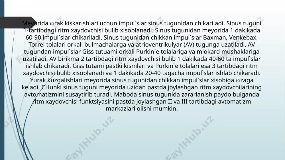 chaldar va korinchalarga bir xil vaktda, yoki oldin korinchalarga etib borishi mumkin. shuning uchun ekgda impul`slarning bulmachalarga retrograd yunalishda ketganligi uchun r tishcha manfiy bulib qrs kompleksi oldida, qrs kompleksiga kushilgang xolda yoki qrs kompleksidan keyin kelishi mumkin. impul`slar soni minutiga 40-60 ta atrofida. kuruvda buyin venalari pul`satsiyasi aniklanadi. chunki bulmachalar va korinchalar bir xil paytda kiskarganligi tufayli kon bulmachadan teskariga govak venalarga okib chikadi va pul`satsiya beradi. davolash doimiy elektrokardiostimulyatsiya. quzg’aluvchanlik funktsiyasi buzilishi bilan boglik aritmiyalar ekstrasistoliya. yurakning navbatdan tashkari kuzgalishi va kiskarishiga ekstrasistoliya deyiladi.etiologiyasi. ekstrasistoliyaga sababchi bulib yuik, miokardit, revmatizm, kardiomiopatiya, dori vositalar (digitalis, xinidin, efedrin), asabiylik, elektrolitlar balansi buzilishi bulib xisoblanadi. klinikasi. kupincha bemorlarda ekstrasistoliyalar simptomsiz utib ketishi va tasodifan ekg kilinganda aniklanishi mumkin. goxida bemorlar yurak soxasida kuchli turtki paydo bulganligini sezishi mumkin. kuplab ekstrasistoliya paytida bemorlarda bushashaish, bosh aylanishi, xushidan ketish xollari kuzatilishi mumkin. pul`sni tekshirganda pul`s tuxtab urishi kuzatiladi. auskul`tatsiyada navbatdan tashkari kiskarish, yurak …