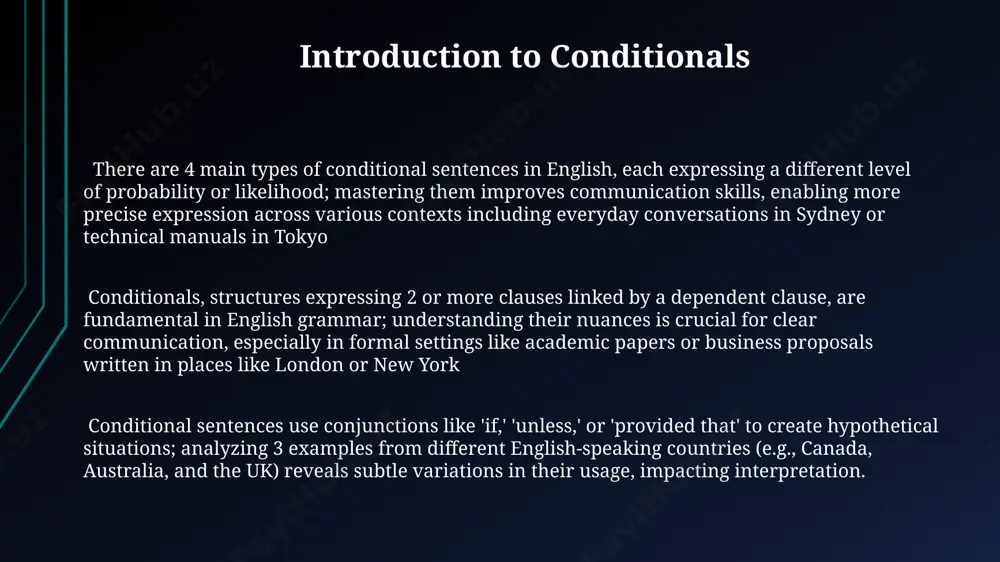 hich describe general truths (e.g understanding the first conditional is crucial for clear communication, especially in 21st-century contexts involving global collaborations defining zero conditional unlike first conditionals focusing on future possibilities, the zero conditional presents scenarios with an inevitable outcome, making it useful in explaining 2 or more related processes zero conditionals demonstrate cause-and-effect relationships that are universally accepted and practically guaranteed the zero conditional, used to describe scientific facts or general truths, always employs the simple present tense in both its 'if' clause and main clause. for example, "if water reaches 100° celsius at sea level, it boils thank you for your attention @taqdimot_robot