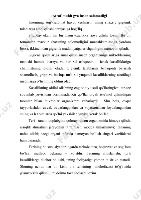urli tuzlar va 40-90 tacha teri epiderms qavatidan ajralib chiqqan to’qimalari yig’ilar ekan. ma’lumki, iflos terida mikroblarning yashashi uchun qulay sharoit bulib, turli teri kasalliklarning kelib chiqishiga sabab bo’ladi. shunday ekan, tana terisini to’g’ri parvarish qilish zarur! sochni to’g’ri parvarish qilish – shaxsiy gigienaning muhim qoidalaridan hisoblanadi. ya’ni qurug’ sochni xaftada bir marta va yog’li sochni xaftada ikki marta yuvish tavsiya qilinadi. har bir kishining o’z tarog’i va sochig’i bo’lishi lozim. tibbiyot xodimlari tavsiyalariga ko’ra tarog’ning maxsus soch cho’tkasidan foydalanish mumkin, bunday cho’tka boshni o’ziga xos massaj qilib, qon aylanishini yaxshilaydi. tana salomatligi to’g’risida qayg’urish tish va og’iz bo’shlig’ining toza bo’lishiga jiddiy e’tibor berishni taqozo etadi. ma’lumki, og’iz bo’shlig’i ovqat hazm qilish yo’lining boshlang’ich qismi hisoblanib, ko’plab vazifalarni bajaradi. biroq shaxsiy gigiena qoidalariga amal qilmaslik natijasida og’iz bo’shlig’iga ovqat mahsulotlari orqali turli mikroblar tushadi. tishlarning kasallanishi esa o’z navbatida boshqa ichki organlarning kasallanishiga sabab bo’ladi. shuning uchun og’iz bo’shlig’i, ayniqsa, …