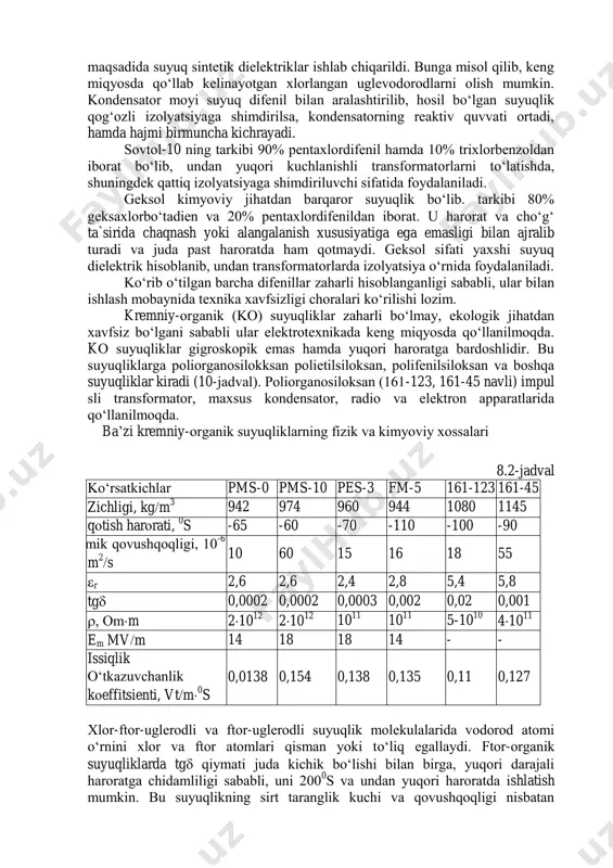 i bo‘ladi. kondensator moyining zichligi 866-901 kgm 3 , qotish harorati –45 0 s, dielektrik xossalari: r2,12,3; tg0,002; em20 mvm. qattiq dielektrik hisoblangan qog‘ozga kondensator moyi shimdirilsa, u holda mazkur qog‘ozning dielektrik xossalari yaxshilanadi. natijada, uning asosida ishlab chiqarilgan kondensatorning hajmi va massasi, shuningdek narxi ham kamayadi. kondensator moyi elektrotexnikada kondensator ishlab chiqarishda foydalaniladi. kabel moyi bir necha navda ishlab chiqarilib, uning asosini neft mahsuloti tashkil etadi. bunday moy shimdirilgan qog‘oz o‘zidan issiqlikni yaxshi tarqatadi va izolyatsiyaning elektr mustahkamligi ancha ko‘tariladi. kabel moyining anashu xossalari undan katta quvvatga ega, yuqori kuchlanishli kabel ishlab chiqarishda foydalanish imkonini beradi. kabel moylarining chaqnash harorati va qovushqoqligining nisbatan yuqoriligi uni boshqa moylardan ajratib turadi. 8-jadvalda ba`zi kabel moylarining fizik va kimyoviy xossalari keltirilgan. km-25 navli kabel moyi ish kuchlanishi 135 kv bo‘lgan kabelning qog‘oz izolyatsiyasini shimdirishda ishlatiladi. mn-4 navli kabel moyi esa yuqori bosimli, katta kuchlanishli (110-500 kv) kabellarning maxsus kanallarini to‘latishda qo‘llaniladi. quvur …