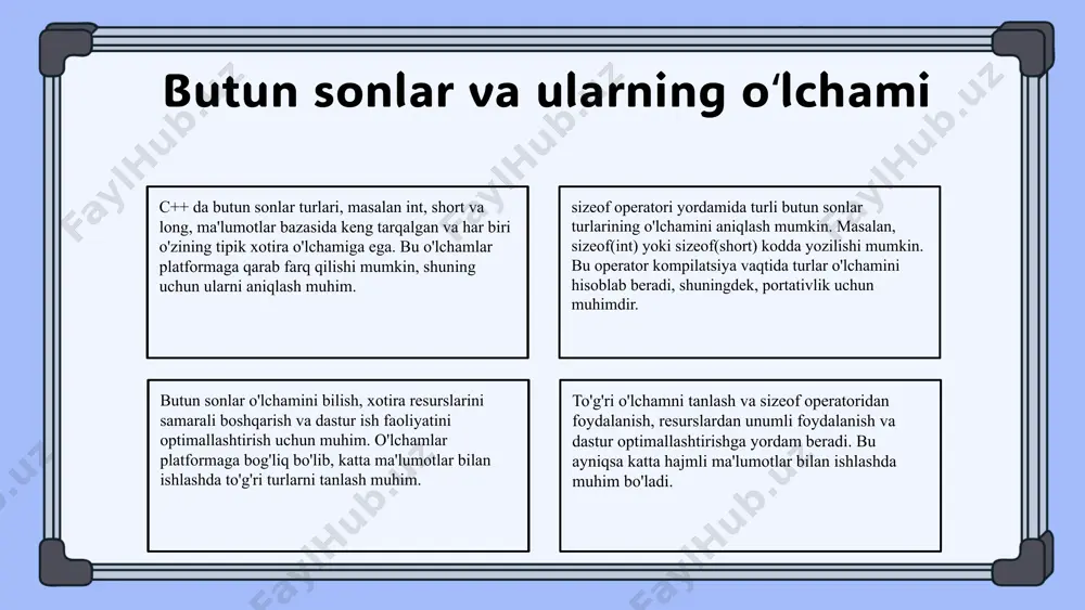qariladi, odatda, avtomatik xotira taqsimoti va tozalash uchun ishlatiladi. har bir turning o'z afzalliklari va kamchiliklari bor, masalan, statik xotira tez va ishonchli, ammo moslashuvchan emas. photo by kenny eliason on unsplash butun sonlar turlari butun sonlar (int, short, long) c++ da xotira va ishlash uchun muhim. har bir turi ma'lum o‘lcham va qiymat diapazoniga ega, masalan, short 2 bayt, int 4 bayt. har bir butun son turi uchun diapazonlar mavjud. masalan, short -32768 dan 32767 gacha, int -2 milliarddan 2 milliardgacha. bu xotira va tezlik uchun muhimdir. turli butun son turlarining asosiy farqi ularning o‘lchami va diapazonlaridir. to‘g‘ri turni tanlash dastur samaradorligini oshiradi va xotira resurslarini tejashga yordam beradi. sizeof operatori haqida sizeof operatori c++ dasturlash tilida ma'lumot turining xotira hajmini aniqlash uchun ishlatiladi. bu operator yordamida biz int, char, float, va boshqa ma'lumot turlarining o'lchamini bilib olamiz. misol uchun, sizeof(int) 4 bayt, sizeof(char) esa 1 baytni tashkil etadi. …