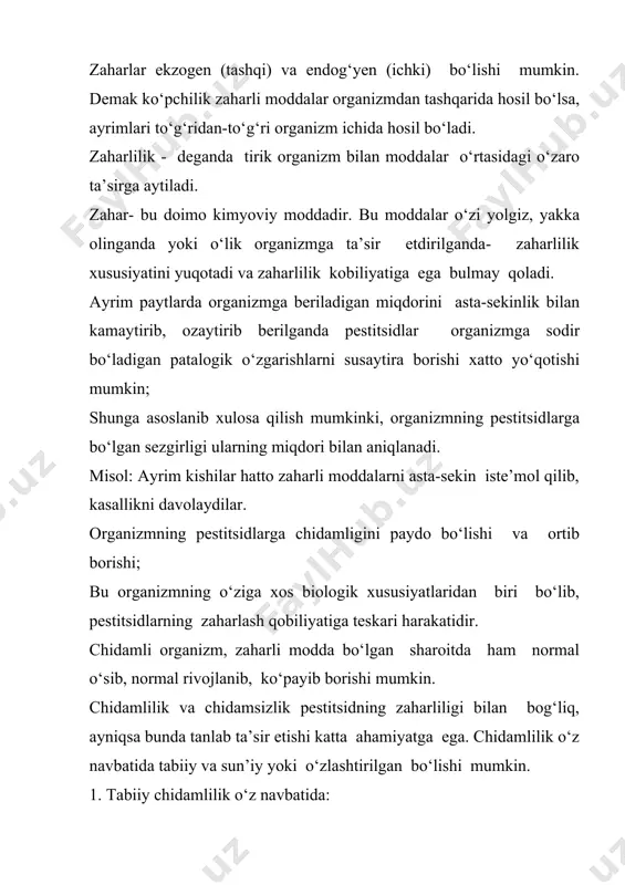 tsidlar borki faqat bir turga mansub organizmga (hasharot, zamburug‘, bakteriya) ta’sir etadi xolos. primor faqat o‘simlik bitlariga, karbin faqat kurmaklarga ayrimlari esa, keng qamrovli bo‘ladi. (fozalon, hasharot va kanalarga, nitrafen, dnok hasharot, zamburug‘, kanalarga va hokazo). shunday qilib pestitsidlarni tanlab, o‘rniga qo‘yib qo‘llaganda turlararo chidamlilikka barham beriladi. hasharotlar misolida ko‘radigan bo‘lsak, pestitsidlarga urg‘ochi jinsdagilari erkaklaridan chidamliroq bo‘ladi, xuddi shu hodisani hayvonlarda ham kuzatish mumkin. bunday jinsiy chidamlilik pestitsidlarning qo‘llash dozalarini topish yuli bilan yuqotiladi. hasharotlarning qurtlari, katta yoshdagi davrlari, zamburug‘larning konidiyalarining unib chikayotgan, o‘simliklarning ko‘karib chiqqan davrlari pestitsidlar ta’siriga chidamsiz bo‘ladi. hasharotlarning tuxumlari (tuxumlik davri), g‘umbaklik davri, diapauza holatlari, zamburug‘larning, bakteriyalarning qishlovchi sporalari, o‘simliklarning urug‘lik davrlari o‘ta chidamli hisoblanadi. bundan tashqari chidamlilik hasharotlarning rivojlanish davrlariga qarab ham o‘zgaradi. masalan qurtlar birinchi ikkinchi yoshlarda pestitsidlar ta’siriga chidamsizroq bo‘lsa, po‘st tashlashdan oldin ancha chidamliligi oshadi yoki o‘simlik kemiruvchi hayvonlarni olsak, ularda ham xuddi shu holatni kuzatish mumkin. davriy chidamlilikka yana bir misol. …