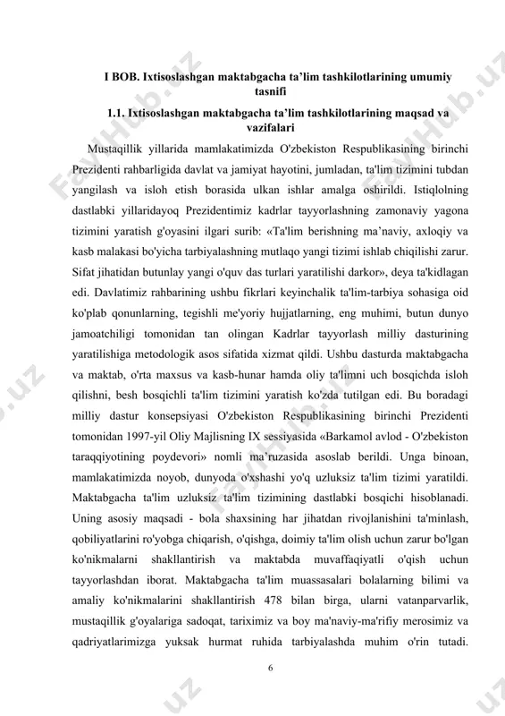isoslashtirilgan maktabgacha ta'lim muassasasini boshqarish tartibini belgilaydi. ixtisoslashtirilgan maktabgacha ta'lim muassasasi ta'lim-tarbiya berish, korreksion-pedagogik va davolash-sog'lomlashtirish faoliyatni olib boruvchi muassasa hisoblanadi, 479 jismoniy yoki psixik rivojlanishida nuqsoni bo'lgan bolalarni ularning bilish imkoniyatlariga muvofiq tarbiyalash, nuqsonlarni korreksiyalash, imkoniyatiga muvofiq maktab ta'limiga tayyorlash, jamiyatga moslashuviga ko'maklashish maqsadida tashkil etiladi. quyidagilar ixtisoslashtirilgan maktabgacha ta'lim muassasasining vazifalari hisoblanadi: -maktabgacha ta'limga qo'yiladigan davlat talablari hamda ular asosida ishlab chiqilgan ixtisoslashtirilgan maktabgacha ta'lim muassasalarida ta'lim-tarbiya va sog'lomlashtirish ishlariga qo'yiladigan talablarga muvofiq bolalarning ta'limtarbiya olishlariniva korreksion pedagogik ishni ta'minlash; - korreksion ta'lim-tarbiya jarayonini shaxsga yo'naltirilgan, individual tarzda tashkil etish; - bolaning ijtimoiy-hissiy rivojlanishi, hayotiy qobiliyatlari shakllanishi uchun zarur korreksion-rivojlantiruvchi ta'limtarbiya muhitini yaratish; - bolaning jismoniy yoki psixik rivojlanishidagi nuqsonlarni bartaraf etish uchun zaruriy korreksion pedagogik ishni tashkillashtirish; - bolalarni ijtimoiy hayotga va maktab ta'limiga sifatli tayyorlash. o'zbekiston respublikasining «ta'lim to'g'risida»gi qonunga muvofiq, ixtisoslashtirilgan maktabgacha ta’lim muassasasi akkreditatsiyasi attestatsiya asosida vakolatli davlat organi tomonidan amalga oshiriladi. "maktabgacha ta'lim …