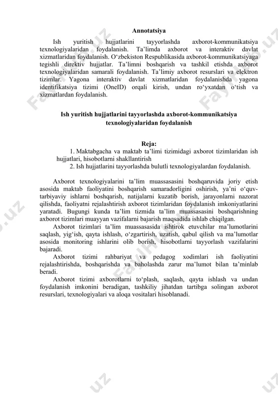 nlab beradi. axborot tizimi axborotlarni to‘plash, saqlash, qayta ishlash va undan foydalanish imkonini beradigan, tashkiliy jihatdan tartibga solingan axborot resurslari, texnologiyalari va aloqa vositalari hisoblanadi. maktabgacha va maktab ta’limi tizimida axborot-kommunikatsiya texnologiyalarini ta’lim jarayoniga joriy etish borasida ham keng ko‘lamda ishlar olib borilmoqda. jumladan, umumta’lim muassasalarining zamonaviy kompyuter texnikasi va jihozlari bilan ta’minlash ishlari izchil davom ettirilmoqda. ijro intizomi idoralararo yagona elektron tizimi “e-huquqshunos” elektron tizimining asosiy imkoniyatlari: - elektron tizimga ichki buyruq, shartnomalar va boshqa yuridik tusdagi hujjatlarning namunalarini kiritish hamda mavjud hujjatlar loyihalari namunalaridan erkin foydalanish; -elektron tizimdan foydalanuvchi tashkilotlar tomonidan shaxsiy kabinetga kirish, har qanday hujjat loyihasi va unga tahliliy materiallarni tayyorlash, qayta ishlash va xulosa olish uchun markazlarga yuborish; -markazlarning masʼul xodimlari tomonidan, tegishli xulosa tayyorlash, hujjatlarni elektron raqamli imzo bilan tasdiqlagan holda, elektron tizimga biriktirish hamda oʻzaro hujjat almashish; -elektron tizimdan foydalanuvchi tashkilotlar tomonidan markazlardan ijobiy xulosa olinganidan soʻng takrorlanmaydigan maxsus raqam berish va elektron …