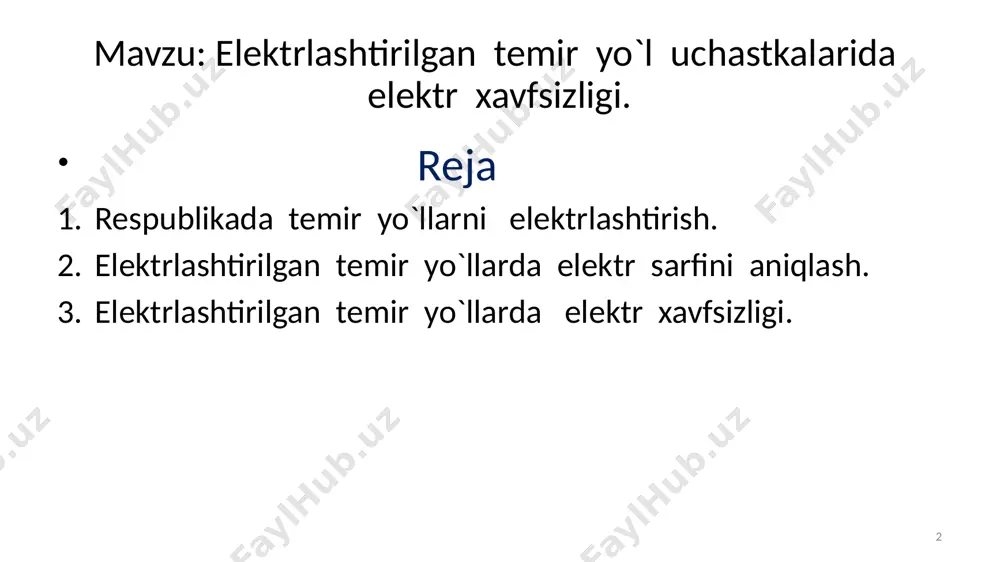 malakali ishchilarni talab etadiga jarayon hisoblanadi. 9 elektrlashtirilgan temir yo`l yaqinidagi uchastkalarda xavflilik darajasi yuqori bo`ladi. bu esa salbiy oqibatlarga olib kelishi mumkin. 10 ma’ruzamiz tugadi ! marhamat mavzu bo’yicha savollar ??? 11 audio1.wav image1.png image2.png image3.png image4.png image5.png image6.png image7.png image8.png image9.png image10.png image11.png image12.jpeg /docprops/thumbnail.jpeg