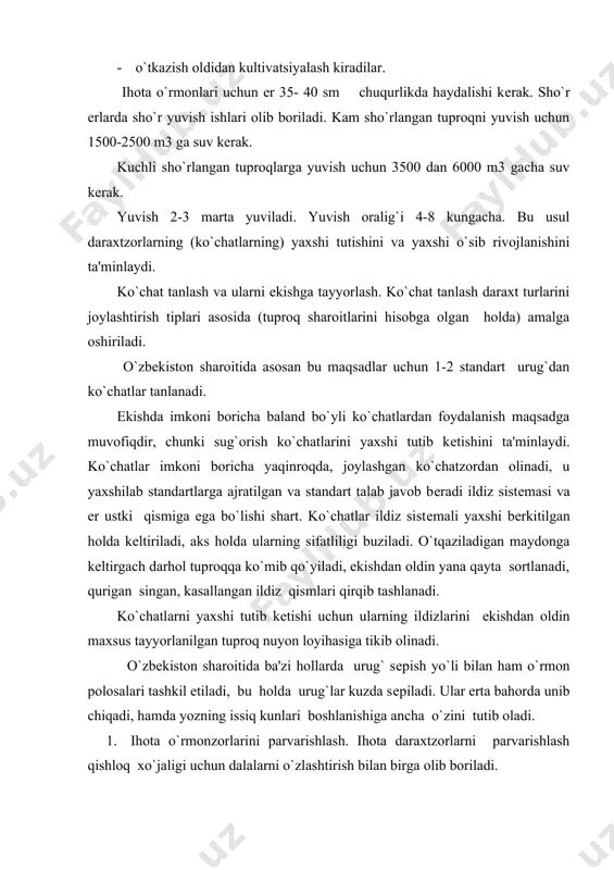 `zini tutib oladi. 1. ihota o`rmonzorlarini parvarishlash. ihota daraxtzorlarni parvarishlash qishloq xo`jaligi uchun dalalarni o`zlashtirish bilan birga olib boriladi. ekilgan ko`chatlar tagi yumshatiladi va vеgеtatsiya davrida sug`oriladi. sug`orish tuproq va iqlim sharoitni hisobga olgan holda shimoliy rayonlarda 2-8, janubiy rayonlarda 10-12 marotaba sug`oriladi. og`ir tuproq sharoitida sug`orish mе'yori 800-900 m3g`ga еngil tuproqlarda 600-800m3g`ga, еr osti suvlarga yaqin bo`lgan joylarda sug`orish normasi 400-500 m3g`ga ni tashkil etadi. ekilgan ko`chatlar birinchi yili 5, 2 yili 4,3 yili 3,4 yili va 5 yillarida bir marotabadan tagi yumshatiladi. yumshatish chuqurligi birinchi yili 12-15 sm, kеyinchalik 8-10 sm chuqurlikda ishlov bеriladi. qator oralarini yumshatishda krt-3 kl-2,6, chk-3 kultivatorlaridan, qatorlarda esa pluglarga moslamalar prvm-3, prvm-11000 lardan foydalaniladi. sug`oriladigan еlarda himoya o`rmonzorlarini barpo etish dalani himoyalovchi o`rmon daraxtzorlari sug`oriladigan еrlarning yuqori hosildorlik olish bilan samaradorligini oshirish va ratsional foydalanishda asosiy vosita bo`lib hisoblanadi. sug`oriladigan maydonlarning o`rmon o`sib rivojlanishiga moyilligi o`rmon yo`q joylarda ularga o`stirish, ihota o`rmonzorlarda turli …