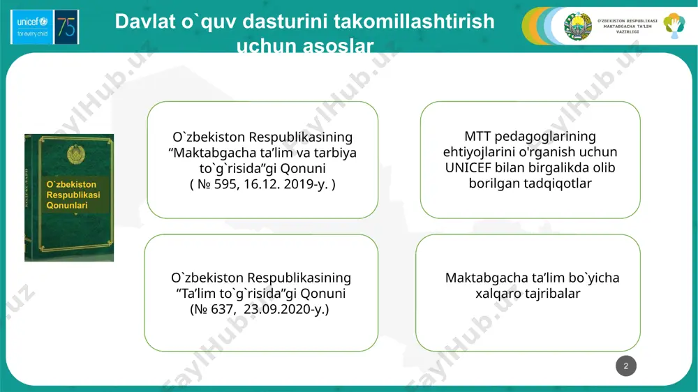 uv dasturidan foydalanishlari majburiydir: ikkinchi nashr 1. davlat mtt 2. maktabgacha ta'lim sohasida xizmatlar ko'rsatuvchi nodavlat mttlar 3. ta’lim va tarbiyaning muqobil shakllari 4. maktabgacha ta’lim guruhlari mavjud “mehribonlik” uylari 5. monitoring va uzluksizlikni ta’minlash maqsadida maktabgacha va boshlang‘ich ta’limni nazorat qiluvchi boshqaruv organlari 5 i bob. 1.2. 1.3. bandlar kiritilgan o`zgarish va qo`shimchalar 1.2. mttning maqsad va vazifalari o`quv faoliyati tushunchasi ta’lim va tarbiya jarayoniga o'zgartirildi. 1.3. pedagogning roli pedagogning rolini belgilab beradigan qo`shimcha band kiritildi: pedagog fasilitator sifatida bolalarga ta’lim va tarbiya berishda o‘z bilimi, ko‘nikma va resurslaridan foydalanadi. inklyuzuv muhitni rejalashtiradi va yaratadi, bolaning rivojlanishiga hissa qo'shadi, kasbiy faoliyatini hujjatlashtiradi va tahlil qiladi bola, ota-onalar va mahalliy jamoatchilik vakillarining fikri va tajribasini hurmat qiladi va o‘z ishini teng sheriklik asosida quradi. 6 ii bob. mtt ta’lim va tarbiya jarayonining maqsad va vazifalari kiritilgan o`zgarish va qo`shimchalar 2.1. mtt ta’lim va tarbiya jarayonining maqsadi ta’lim va tarbiya jarayoni …