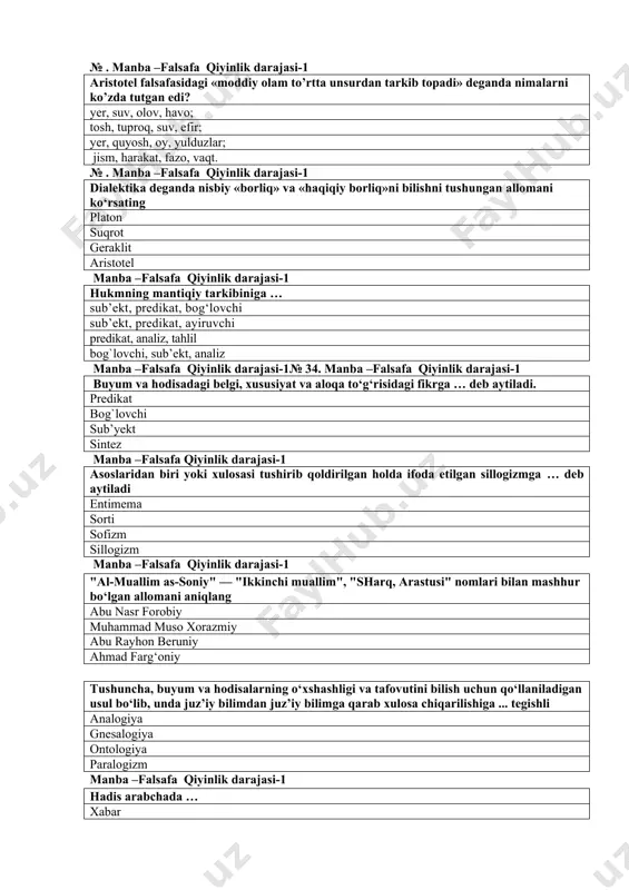 eb aytiladi entimema sorti sofizm sillogizm manba –falsafa qiyinlik darajasi-1 "al-muallim as-soniy" — "ikkinchi muallim", "sharq, arastusi" nomlari bilan mashhur bo‘lgan allomani aniqlang abu nasr forobiy muhammad muso xorazmiy abu rayhon beruniy ahmad farg‘oniy tushuncha, buyum va hodisalarning o‘xshashligi va tafovutini bilish uchun qo‘llaniladigan usul bo‘lib, unda juz’iy bilimdan juz’iy bilimga qarab xulosa chiqarilishiga ... tegishli analogiya gnesalogiya ontologiya paralogizm manba –falsafa qiyinlik darajasi-1 hadis arabchada … xabar sunnat odat axloq borliq haqidagi ta'limot bu ... ontologiya gnesologiya aksiologiya substansiya № manba falsafa. qiyinlik darajasi borliq shakillari tabiy, inson, ma’naviy borliq mega dunyo, inson, tabiy borliq tabiy, mikro dunyo, inson borlig`i makrodunyo, inson, tabir borliq materiyaning necha ko`rinishi mavjud? 2 4 3 5 gegel fikricha, mantiq nechta qismga bo‘linadi? 3 ta 2 ta 4 ta 8 ta № 91 manba falsafa. qiyinlik darajasi «haqiqat – bir marta va bir umrga berilgan mutlaqo to‘g‘ri javob emas, balki jarayondir» kimning fikri? gegel …