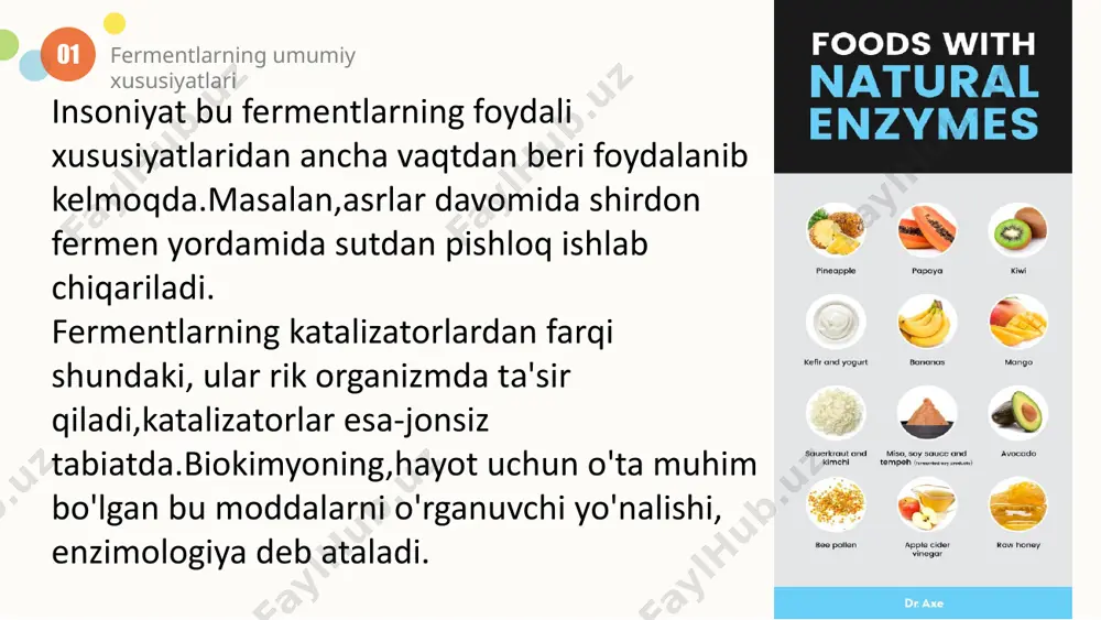 hning ahamiyati 04 hazm qilish tizimi buzilgan ko'pchilik odamlar uchun, hammasidan oldin oshqozonosti kasalliklari holatida,fermentlarning tayinlanishi organning funksional qo'llab-quvvatlanishini ta'minlaydi va sog'ayish jarayonini tezlashtiradi. oshqozonosti bezining yallig'lanishi yoki boshqa o'tkir holatni to'xtatgandan keyin fermentlarni qabul qilishni to'xtatish mumkin, chunki organizm ularning ishlab chiqarish faoliyatini o'zi tiklab oladi. fermentlarni, faqat oshqozonosti bezining tashqi ishlab chiqarishining og'ir yetishmovchiligida uzoq muddat qabul qilish kerak bo'ladi. tarkibi bo'yicha eng fiziologik preparatlardan biri «mikrazim» dir. uning tarkibida oshqozonosti suyuqligi tarkibidagi:amilaza, proteaza, lipazalar mavjud. shuning uchun, bu organning turli xil kasalliklarida ishlatiladigan «mikrazim» preparati bilan o'rnini bosuvchi davolashning ahamiyati oshqozonosti bezining surunkali yallig'lanishi, mukovisidoz va oshqozonosti bezi fermentining yetarlicha ishlab chiqarilmasligining boshqa sabablari; 1. oshqozon,ichak,jigarning yallig'lanish kasalliklari,ayniqsa ular operatsiya bo'lgandan keyin,hazm qilish tizimining tezroq tiklanishi uchun; 2. oziqlanishdagi xatoliklar; 3. 04 «mikrazim» preparati bilan o'rnini bosuvchi davolashning ahamiyati dorini qo’llash uchun ko’rsatmalar: 4. chaynash vazifasining buzilishi, masalan, stomatologik kasalliklar yoki bemorning kam harakatligidan. o'rin bosuvchi maqsadli, …