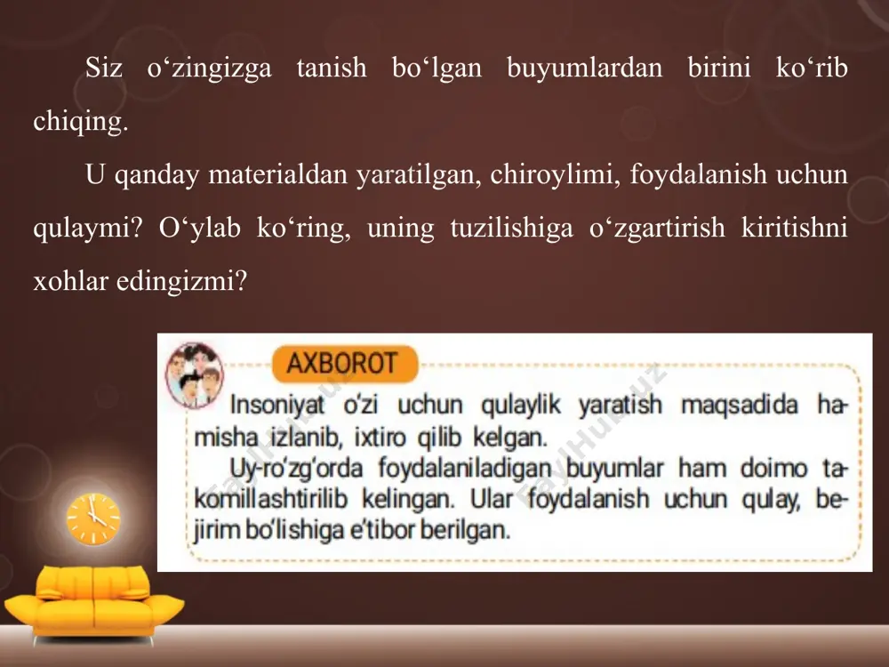 lmay, lekin buyum o‘lchamlarining nisbatini saqlagan holda bajarilgan chizmaga aytiladi. topshiriq. karavotchaning eskizi va chizmasini tayyorlab oling. eskiz bilan chizmani solishtirib, bir-biridan farqini ayting. uchinchi bosqichda kerakli xomashyo va asboblarni tayyorlang. tayyorlagan chizmangiz asosida andaza tayyorlab oling. kartonga andazani qo‘yib, chizing va qirqing. qirqishda texnika xavfsizligi qoidalariga rioya qiling. yasash bosqichlari bo‘yicha yo‘llanma asosida ishni bajaring. to‘rtinchi bosqichda tayyorlangan buyumga bezak beriladi. siz yasagan karavotingizni ushbu shaklda qoldirishingiz ham mumkin. chiroyli qilishni xohlasangiz, kattalar ko‘magida yostiq va ko‘rpachalar tikib, choyshablar bilan bezating. beshinchi bosqichda buyumning sifatiga qarab baho beriladi. bajargan ishingizni sinfdoshlaringiz bilan muhokama qiling. topshiriq. chizma va eskiz asosida mustaqil yasab ko‘ring.