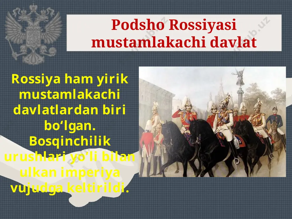 port-arturdagi rossiya harbiy dengiz kuchlariga hujum qildi va unga katta talafot yetkazdi savol va topshiriqlar 1. rossiya mustamlakachilik imperiyasi boshqa imperiyalardan qay jihati bilan farq qilgan? 2. rossiyaning manfaatlari eng ko‘p darajada to‘qnashgan davlatlardan biri òurkiya bo‘lganligini qanday omillar bilan izohlaysiz? 3. 1877—1878-yillardagi rossiya—òurkiya urushi va uning oqibatlari haqida nimalarni bilib oldingiz? 4. rus—yapon urushi oqibatlari nimalardan iborat bo‘ldi? image2.png image3.jpeg image4.jpeg image5.jpeg image6.jpeg image7.jpeg image8.jpeg image9.jpeg image10.jpeg image11.jpeg image12.jpeg image13.jpeg image14.jpeg image15.jpg image1.jpeg /docprops/thumbnail.jpeg